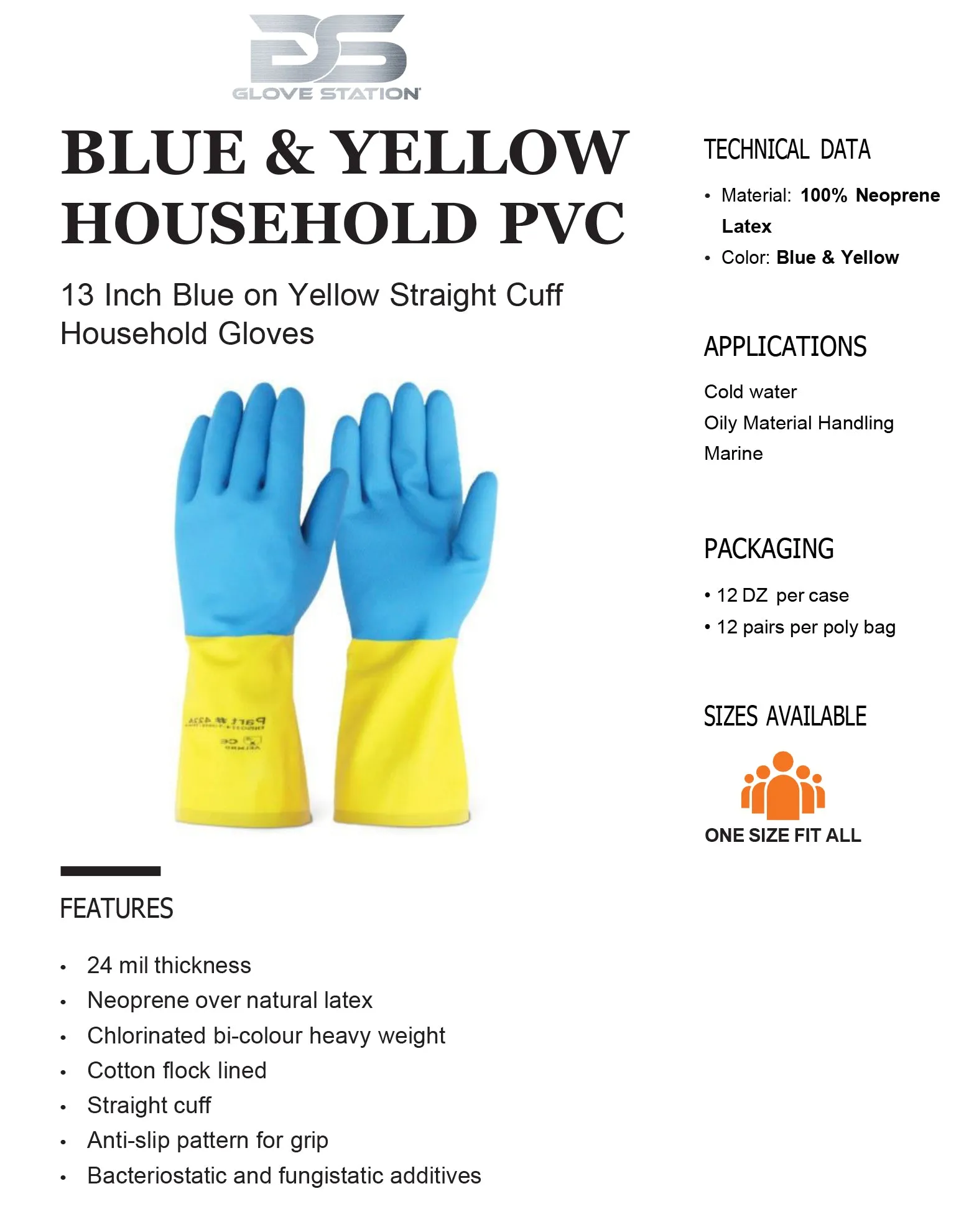 24 Mil Straight Cuff Household Gloves - 12 PAIRS