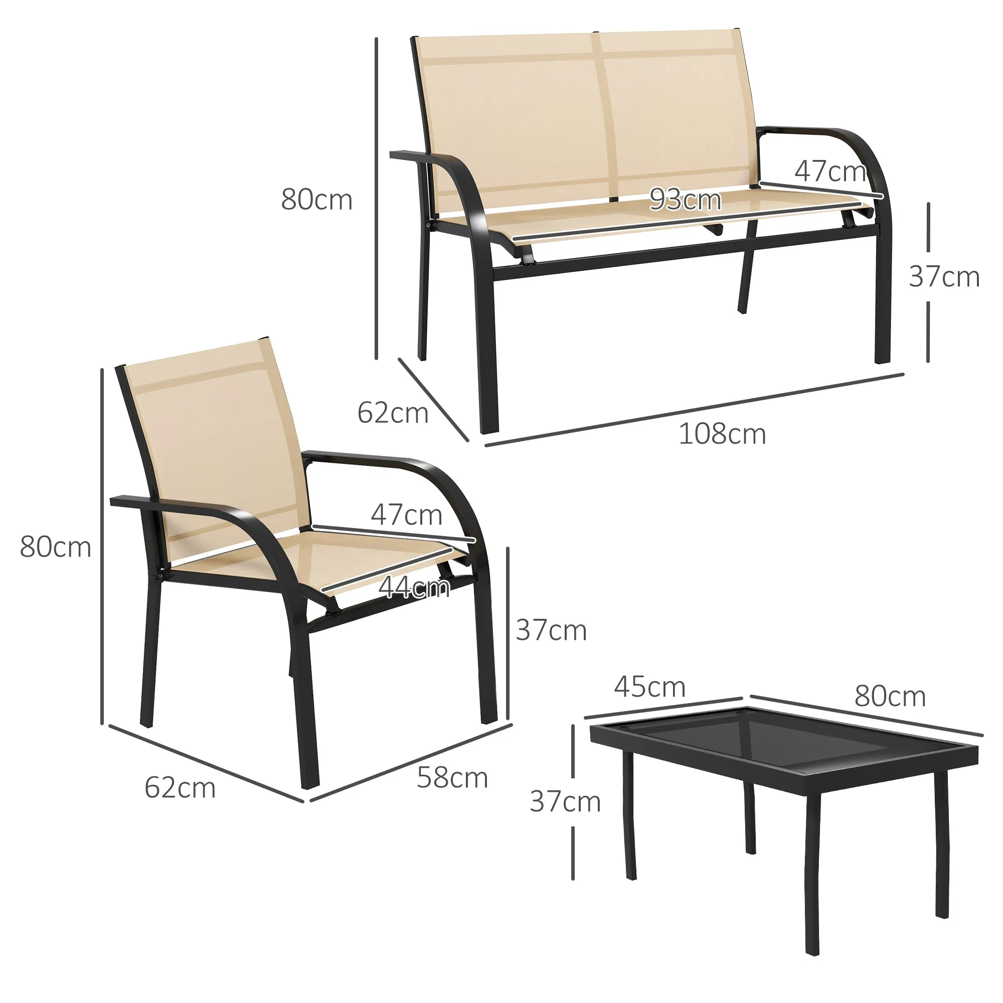 4pcs Patio Furniture Set Garden Sofa Glass Top Coffee Table Beige