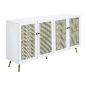 61 Inch Console Cabinet, 4 Metal Mesh Doors, LED Lighting, MDF, White  By Casagear Home