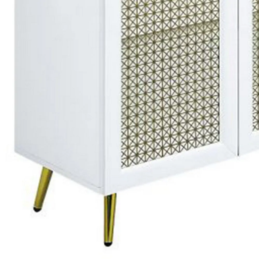 61 Inch Console Cabinet, 4 Metal Mesh Doors, LED Lighting, MDF, White  By Casagear Home