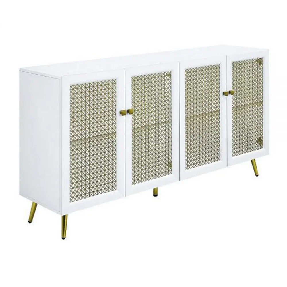 61 Inch Console Cabinet, 4 Metal Mesh Doors, LED Lighting, MDF, White  By Casagear Home