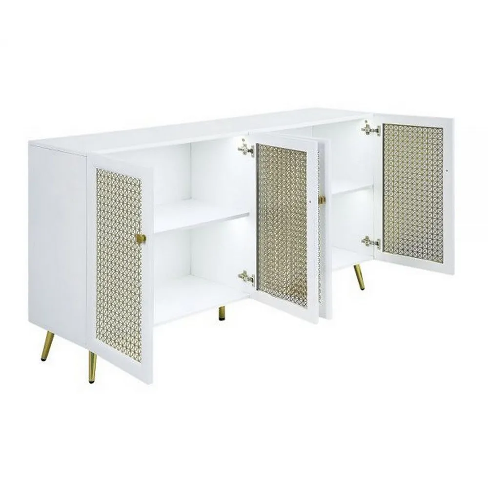 61 Inch Console Cabinet, 4 Metal Mesh Doors, LED Lighting, MDF, White  By Casagear Home