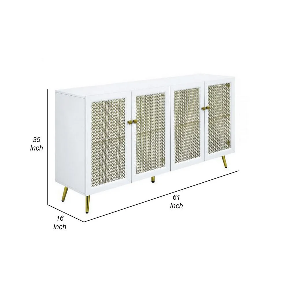 61 Inch Console Cabinet, 4 Metal Mesh Doors, LED Lighting, MDF, White  By Casagear Home