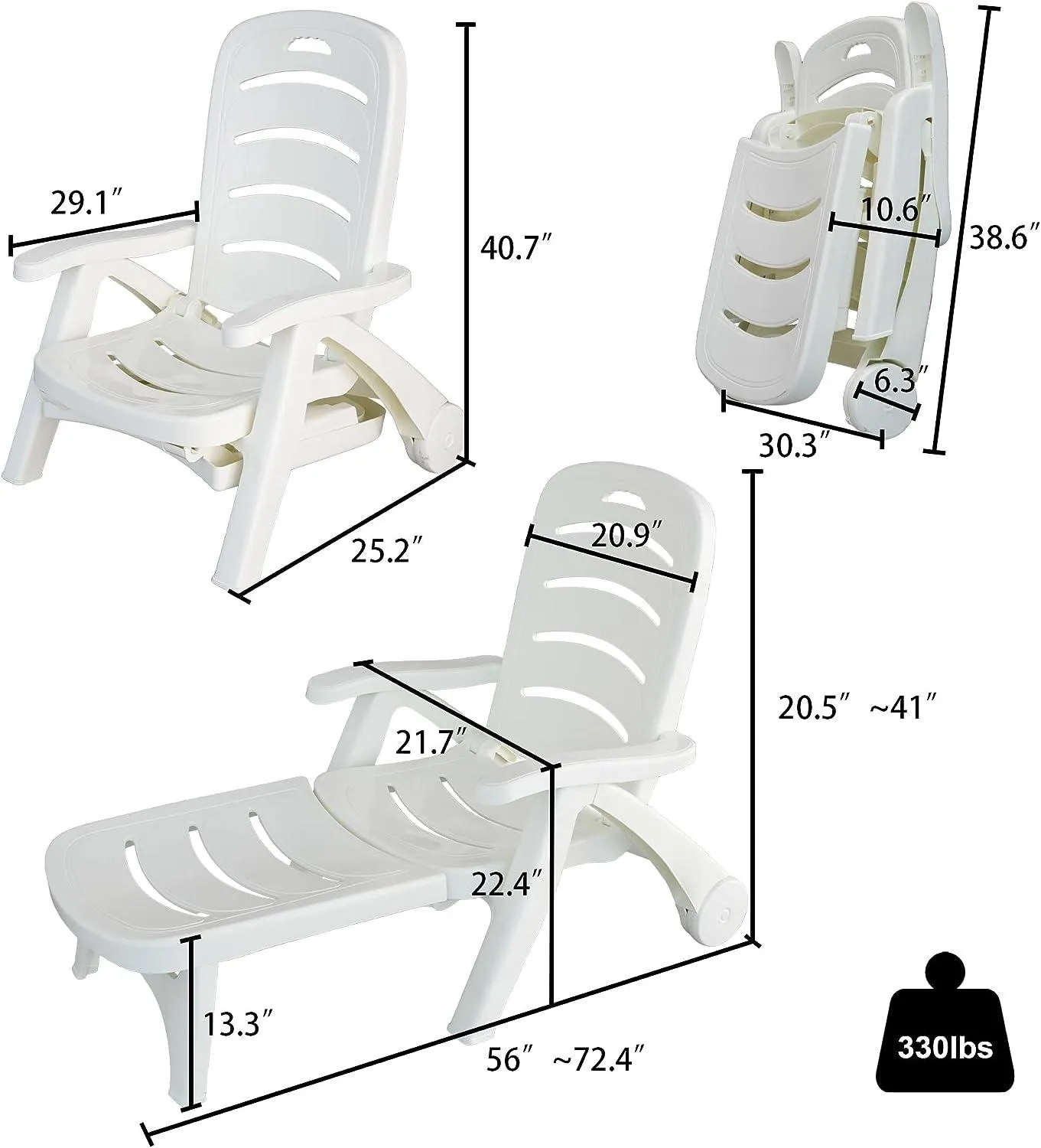 72.4" Outdoor Chaise Lounge Patio Pool Lounge Chairs with 5 Level Adjustable and Wheels, 330lbs Weight Capacity