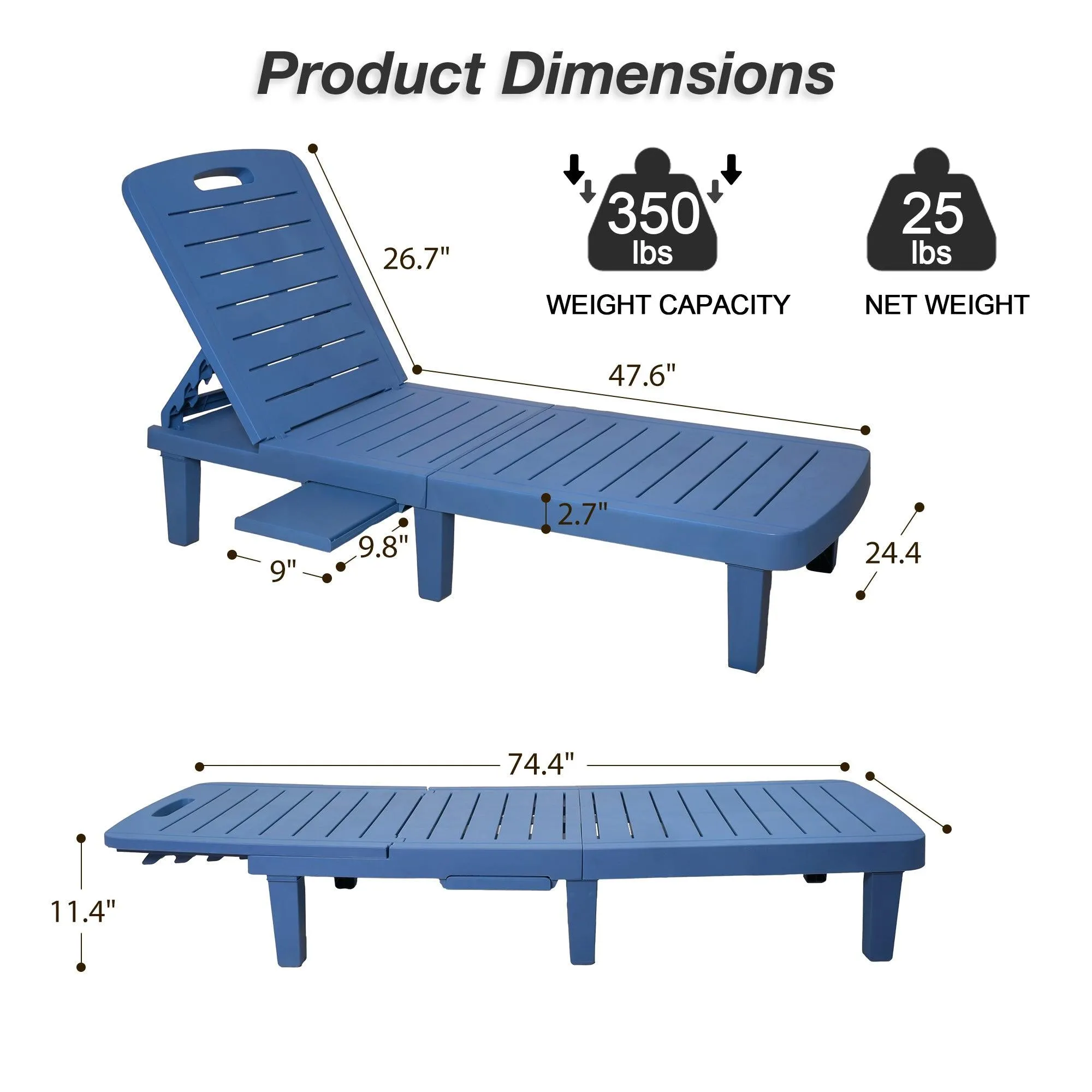 74.4" Outdoor Chaise Lounge Patio Pool Lounge Chairs with 4 Level Adjustable Backrest, Blue