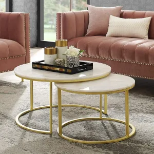 AALIYA MART Home Decor Furniture Round Coffee Table, Tea Table Set of 2 - Couch Table, Nesting Stacking Table for Living Room, Lounge, with Golden Metal Frame and Engineered Wood