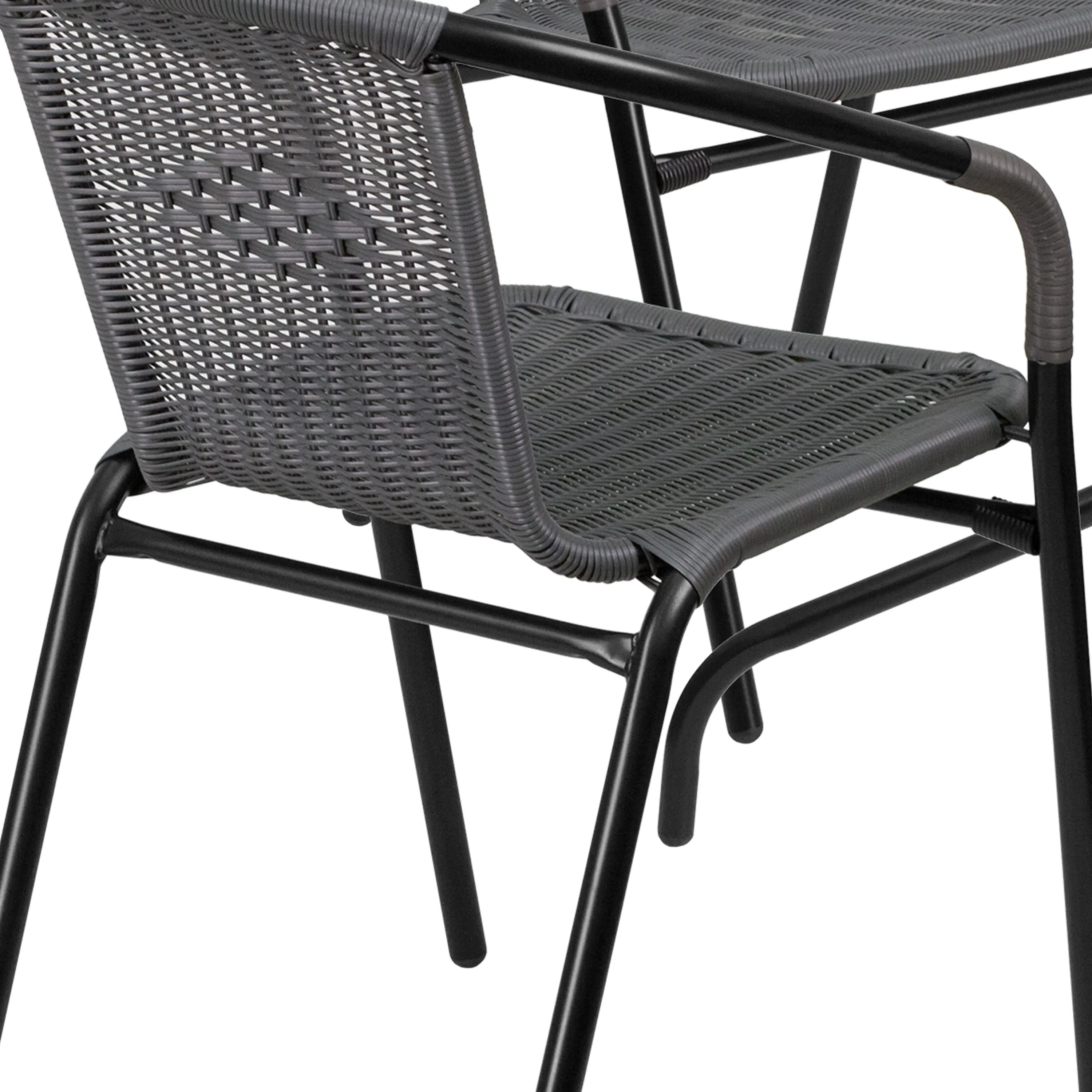 Barker 28'' Square Glass Metal Table with Rattan Edging and 4 Rattan Stack Chairs