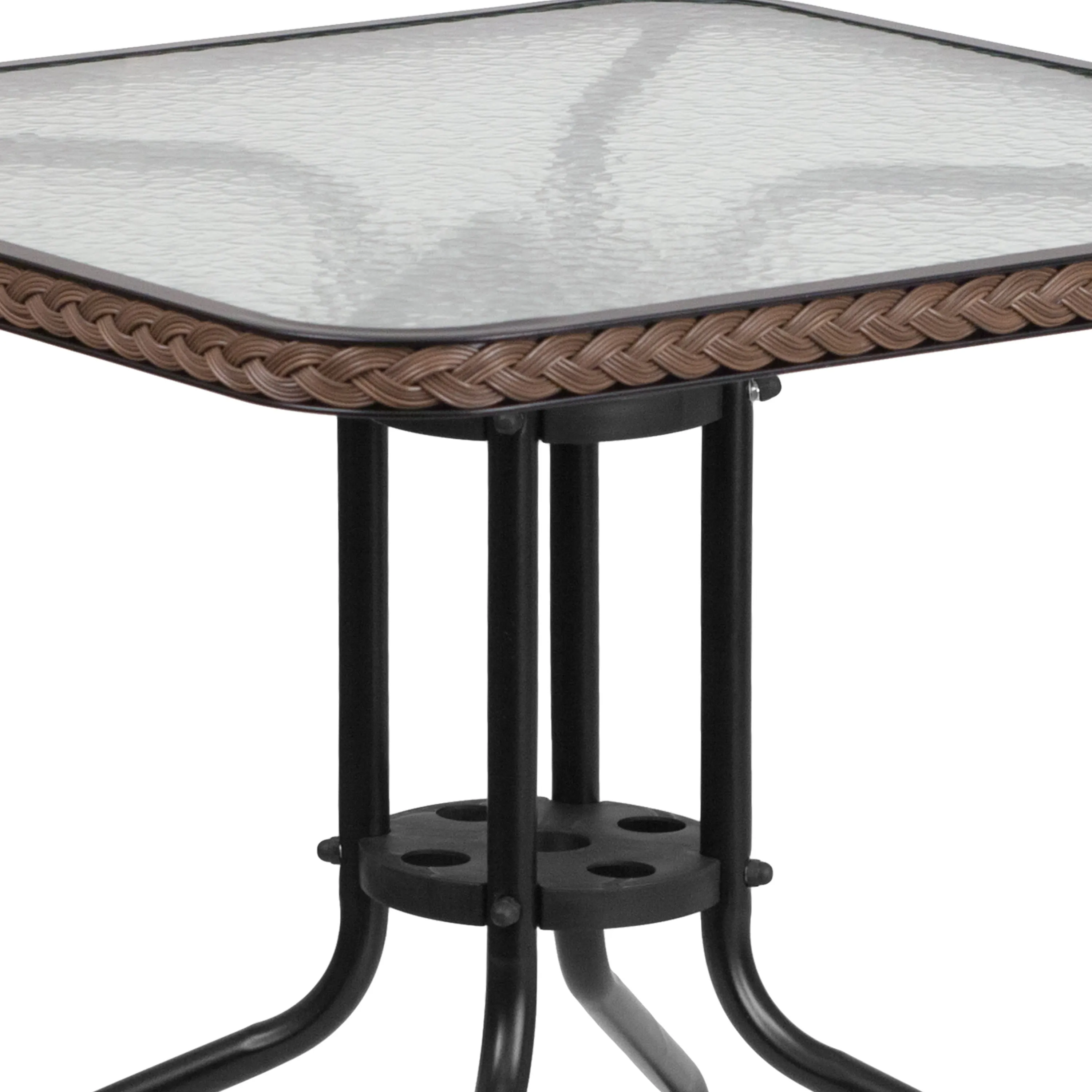 Barker 28'' Square Glass Metal Table with Rattan Edging and 4 Rattan Stack Chairs