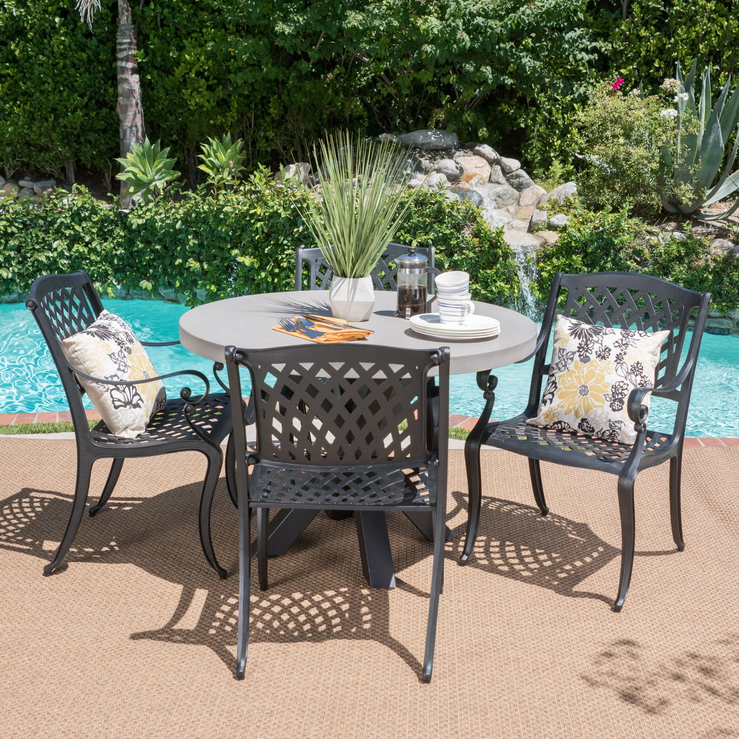 Carina Outdoor Transitional 5 Piece Cast Aluminum Dining Set with Lightweight Concrete Table