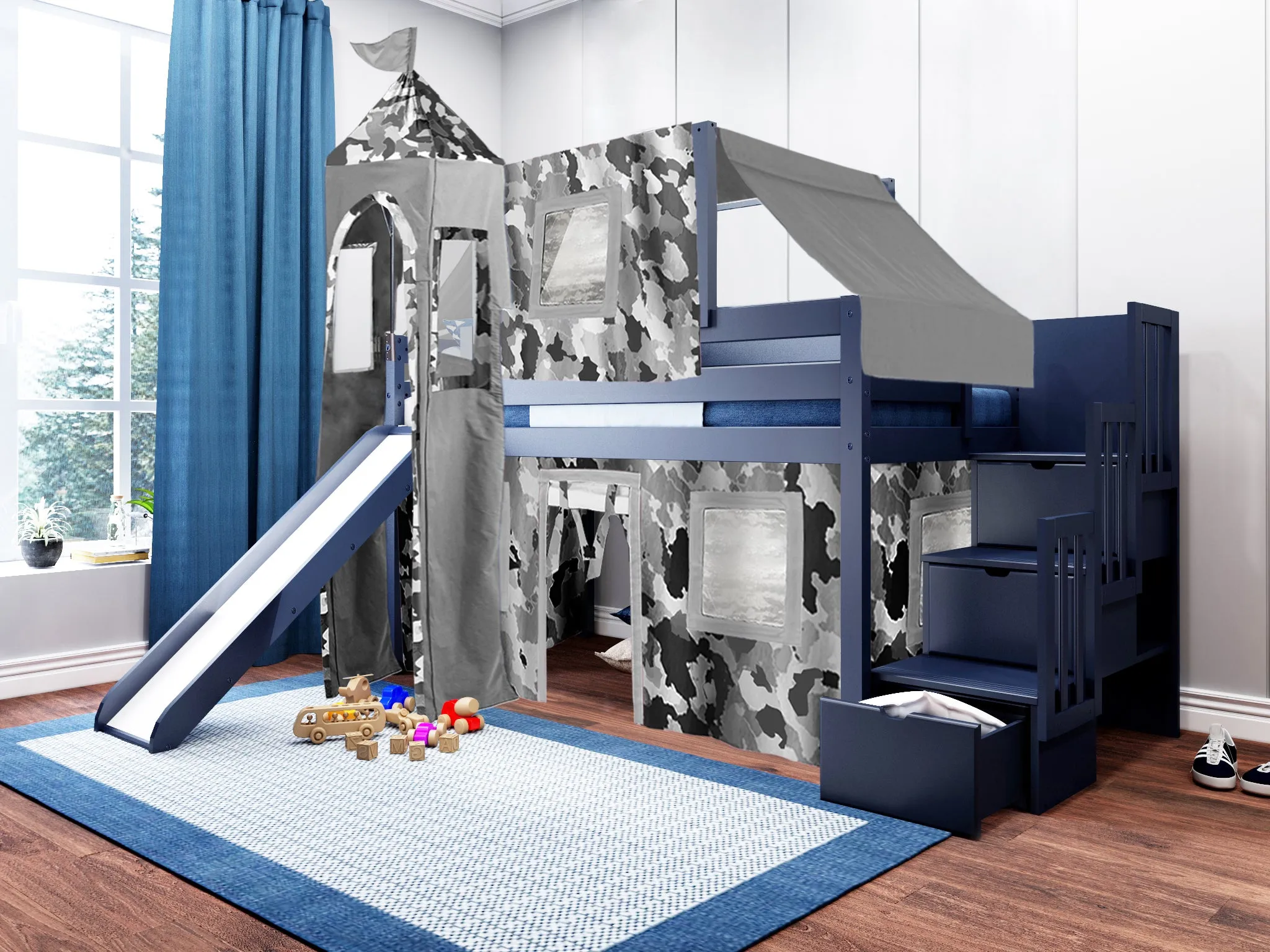 Castle Twin Loft Bed BLUE, Stairs Slide Gray Camo Tent