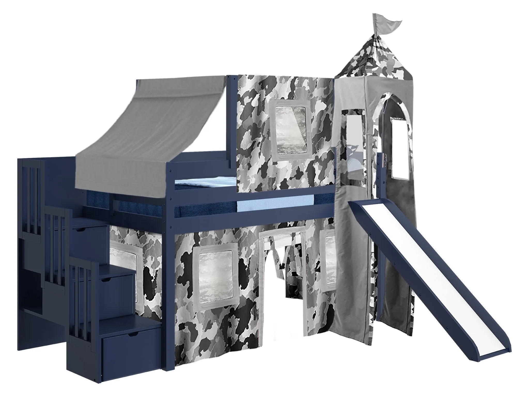 Castle Twin Loft Bed BLUE, Stairs Slide Gray Camo Tent