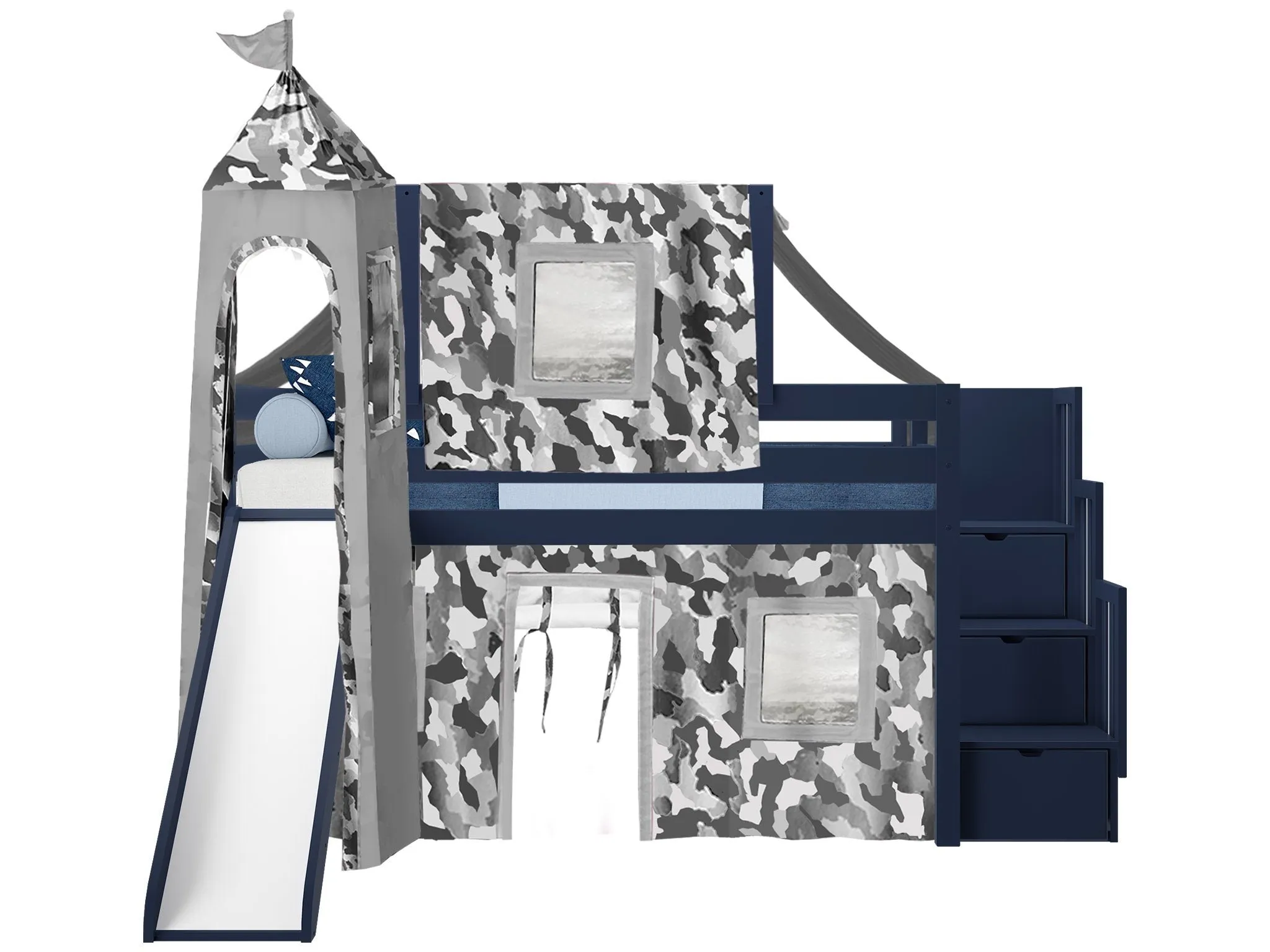 Castle Twin Loft Bed BLUE, Stairs Slide Gray Camo Tent