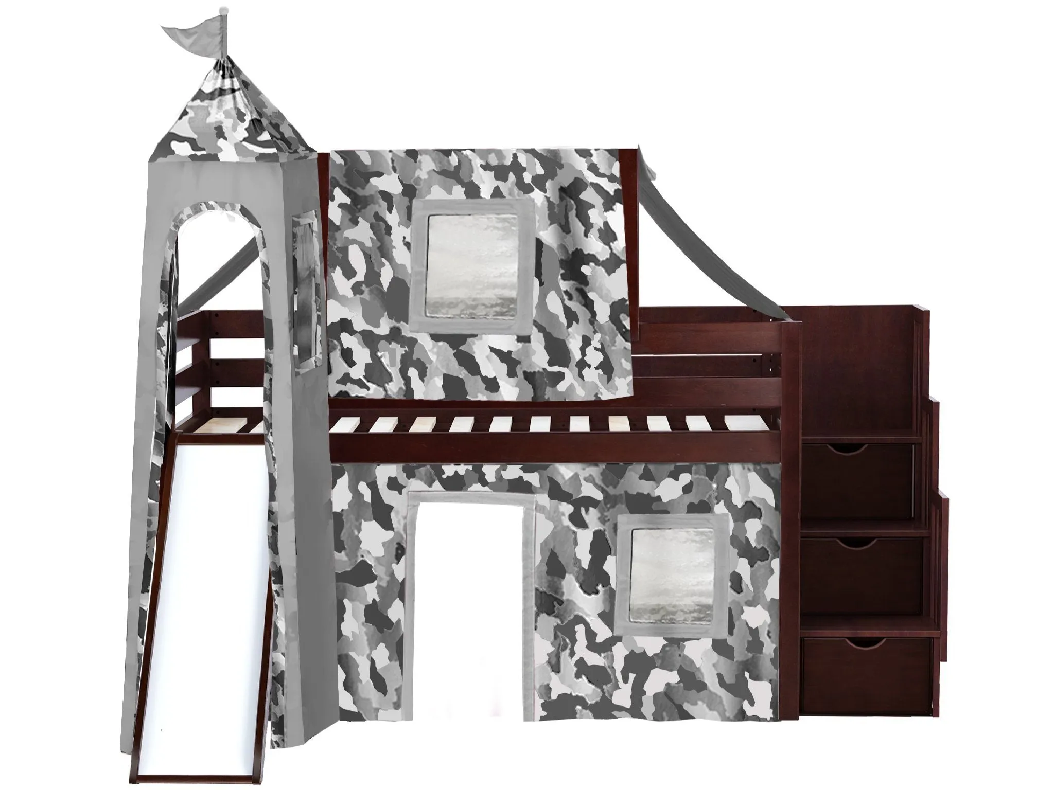 Castle Twin Loft Bed CHERRY, Stairs Slide Gray Camo Tent