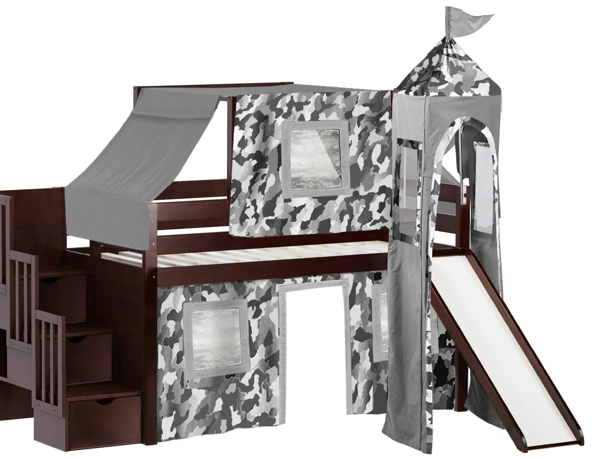 Castle Twin Loft Bed CHERRY, Stairs Slide Gray Camo Tent