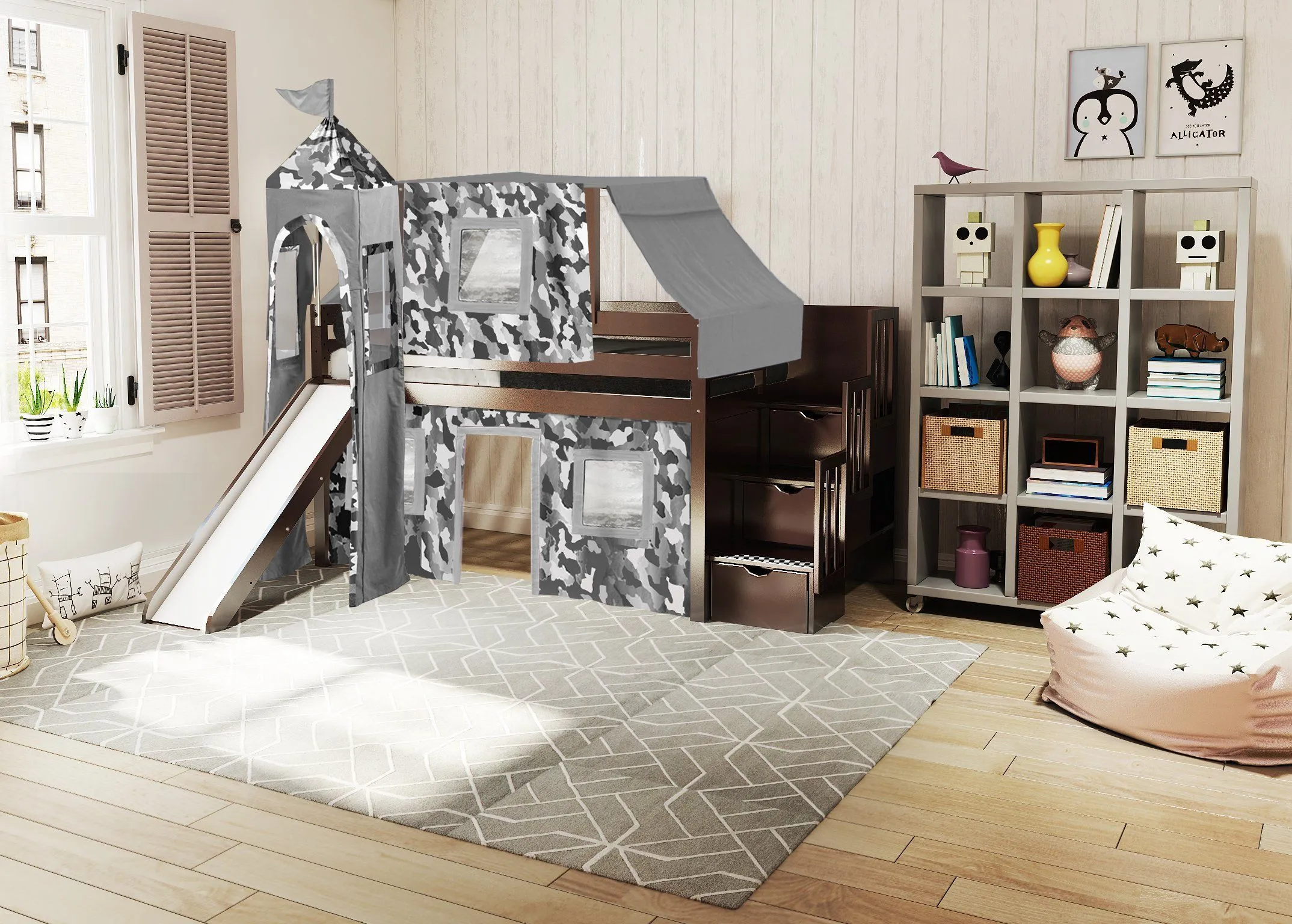 Castle Twin Loft Bed CHERRY, Stairs Slide Gray Camo Tent