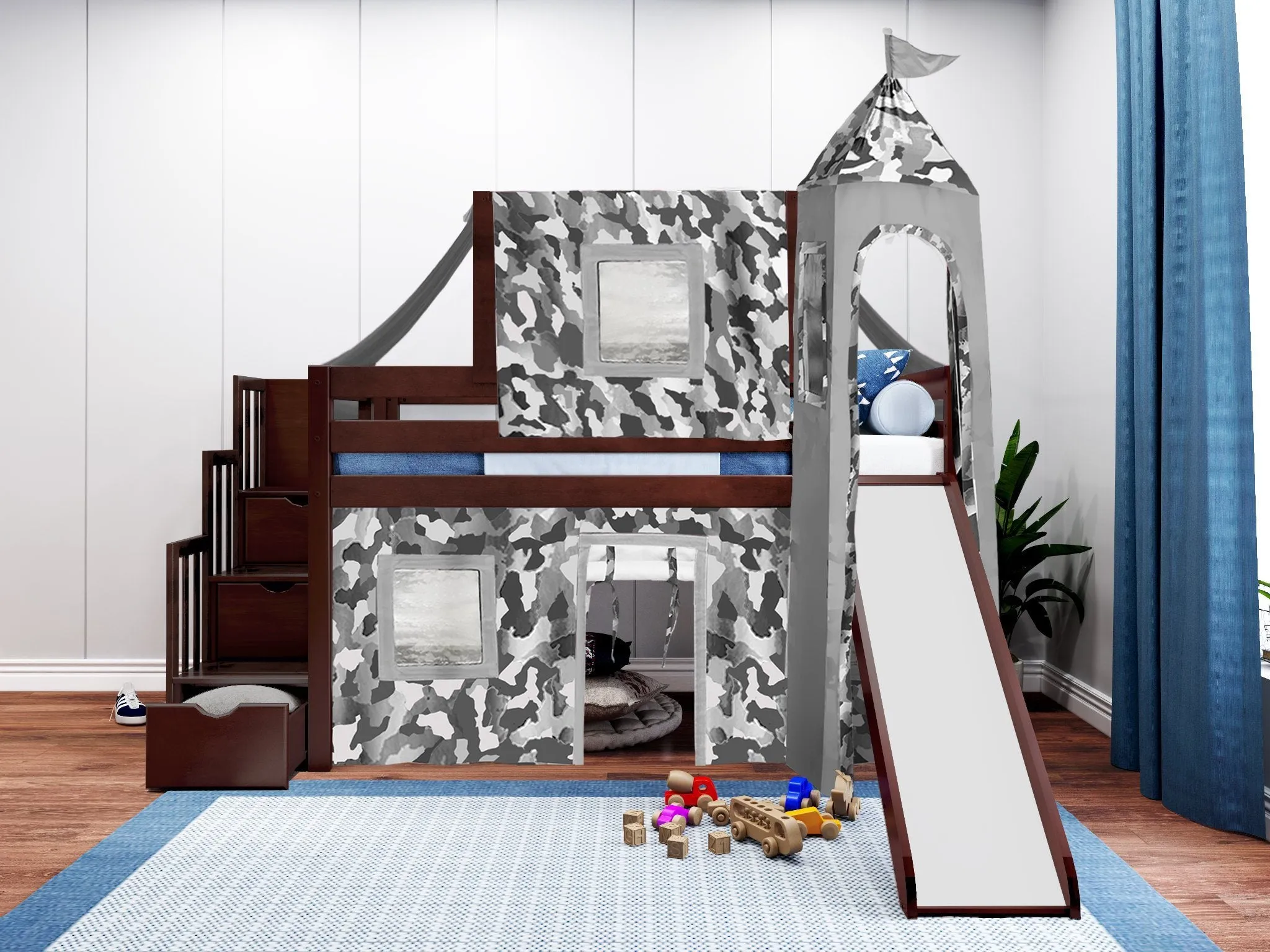 Castle Twin Loft Bed CHERRY, Stairs Slide Gray Camo Tent