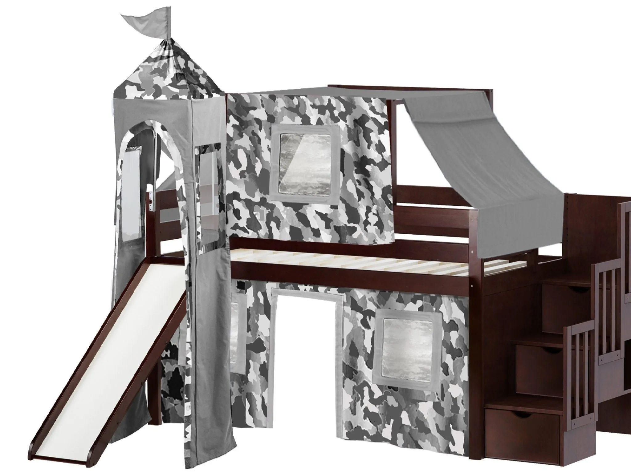 Castle Twin Loft Bed CHERRY, Stairs Slide Gray Camo Tent