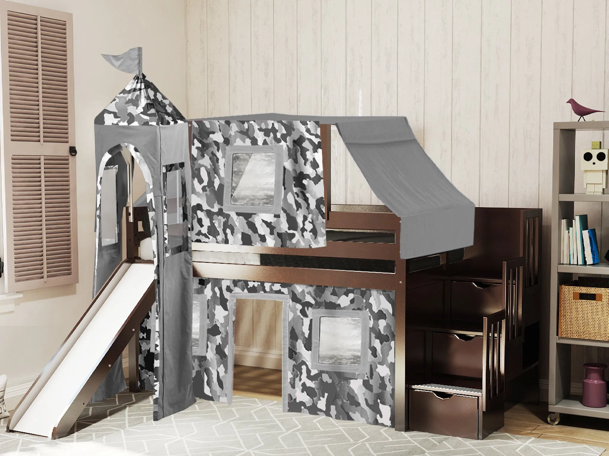 Castle Twin Loft Bed CHERRY, Stairs Slide Gray Camo Tent