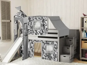 Castle Twin Loft Bed GRAY, Stairs Slide Gray Camo Tent