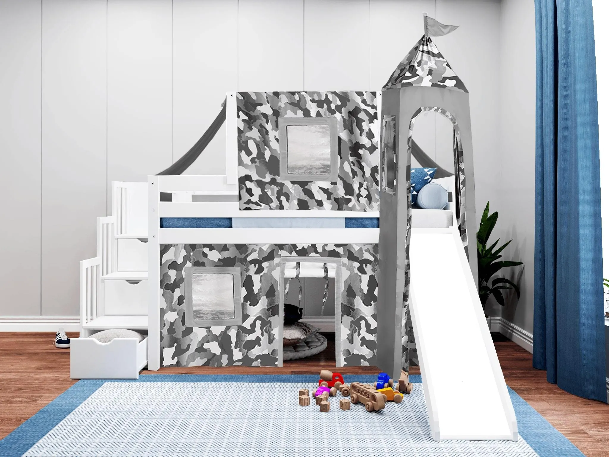 Castle Twin Loft Bed WHITE, Stairs Slide Gray Camo Tent