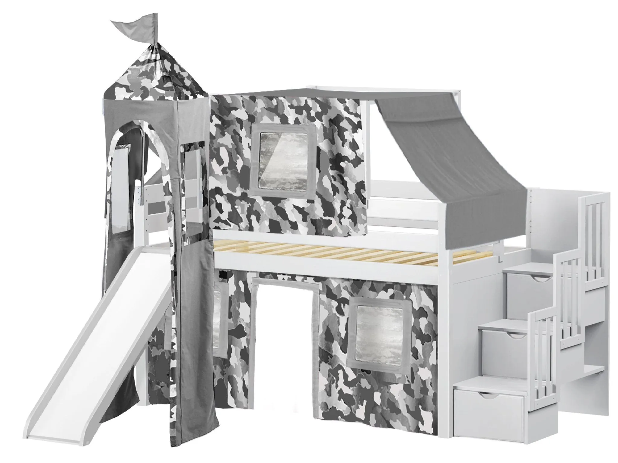 Castle Twin Loft Bed WHITE, Stairs Slide Gray Camo Tent