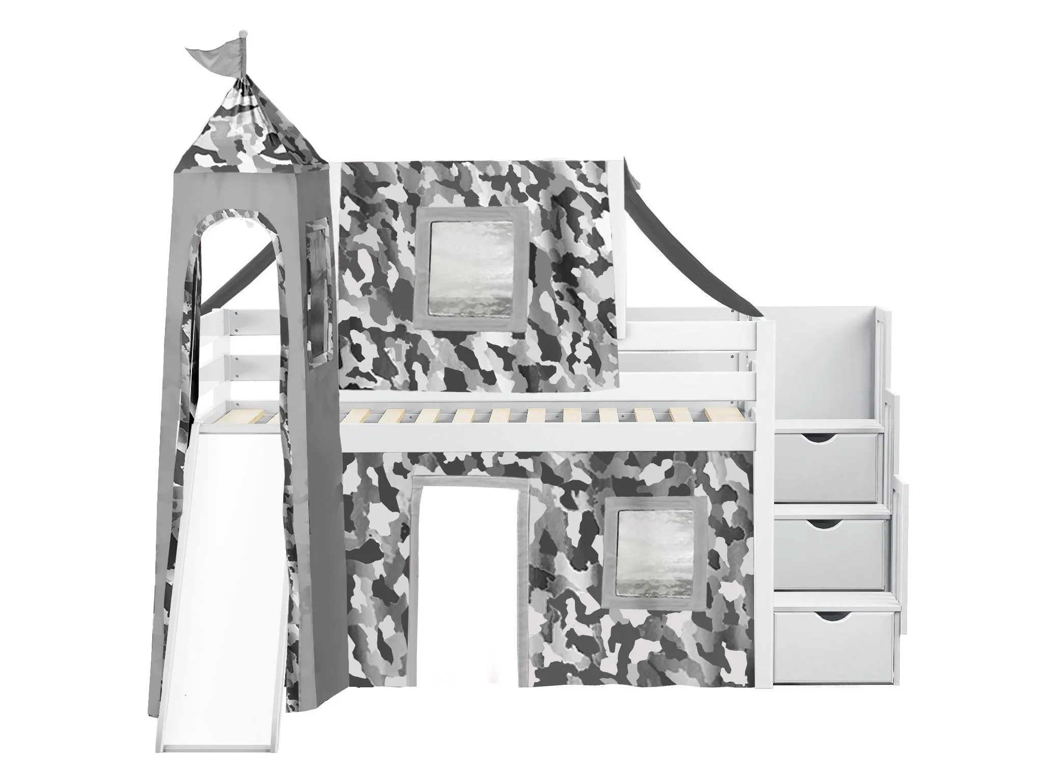 Castle Twin Loft Bed WHITE, Stairs Slide Gray Camo Tent