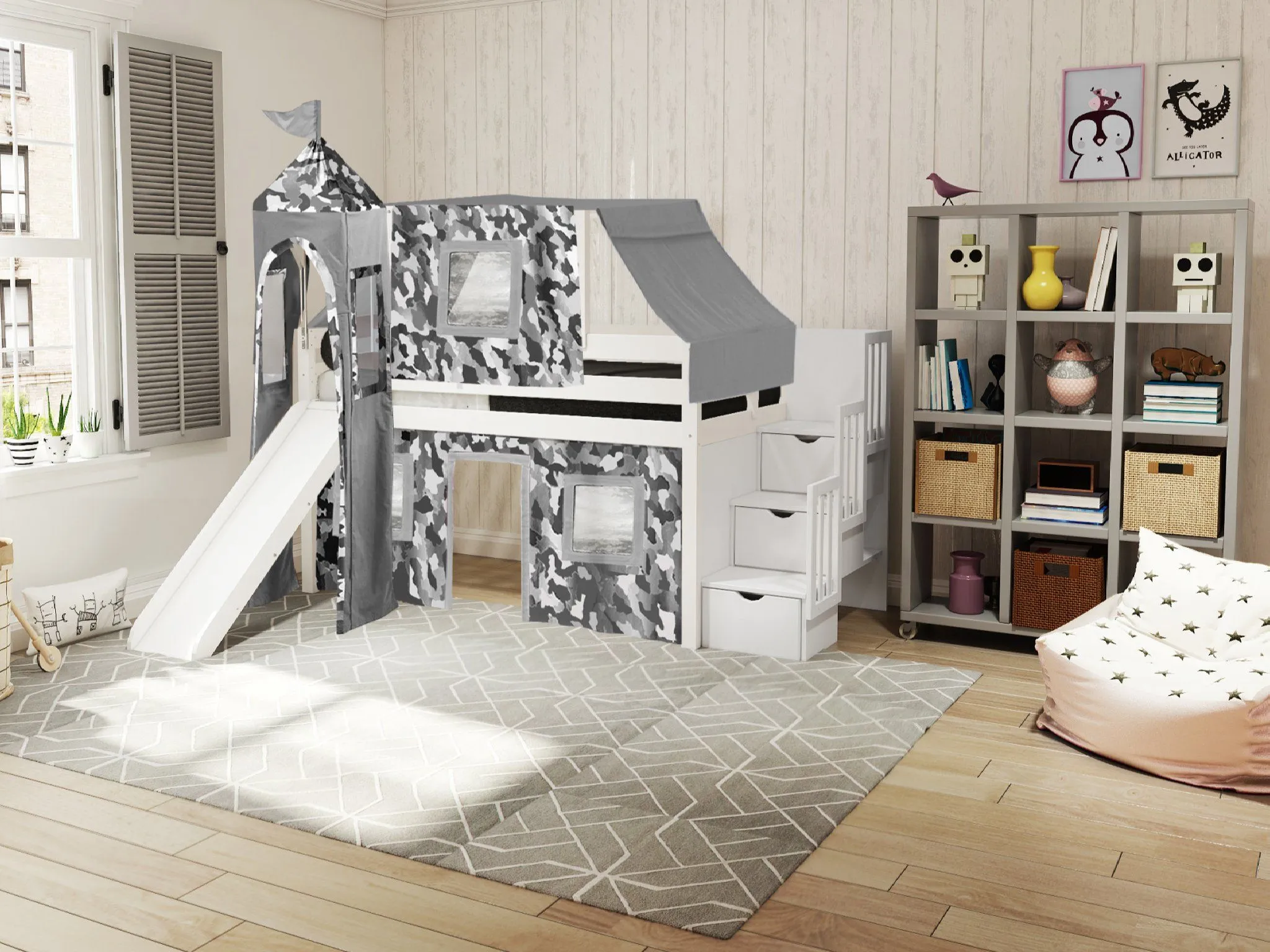 Castle Twin Loft Bed WHITE, Stairs Slide Gray Camo Tent