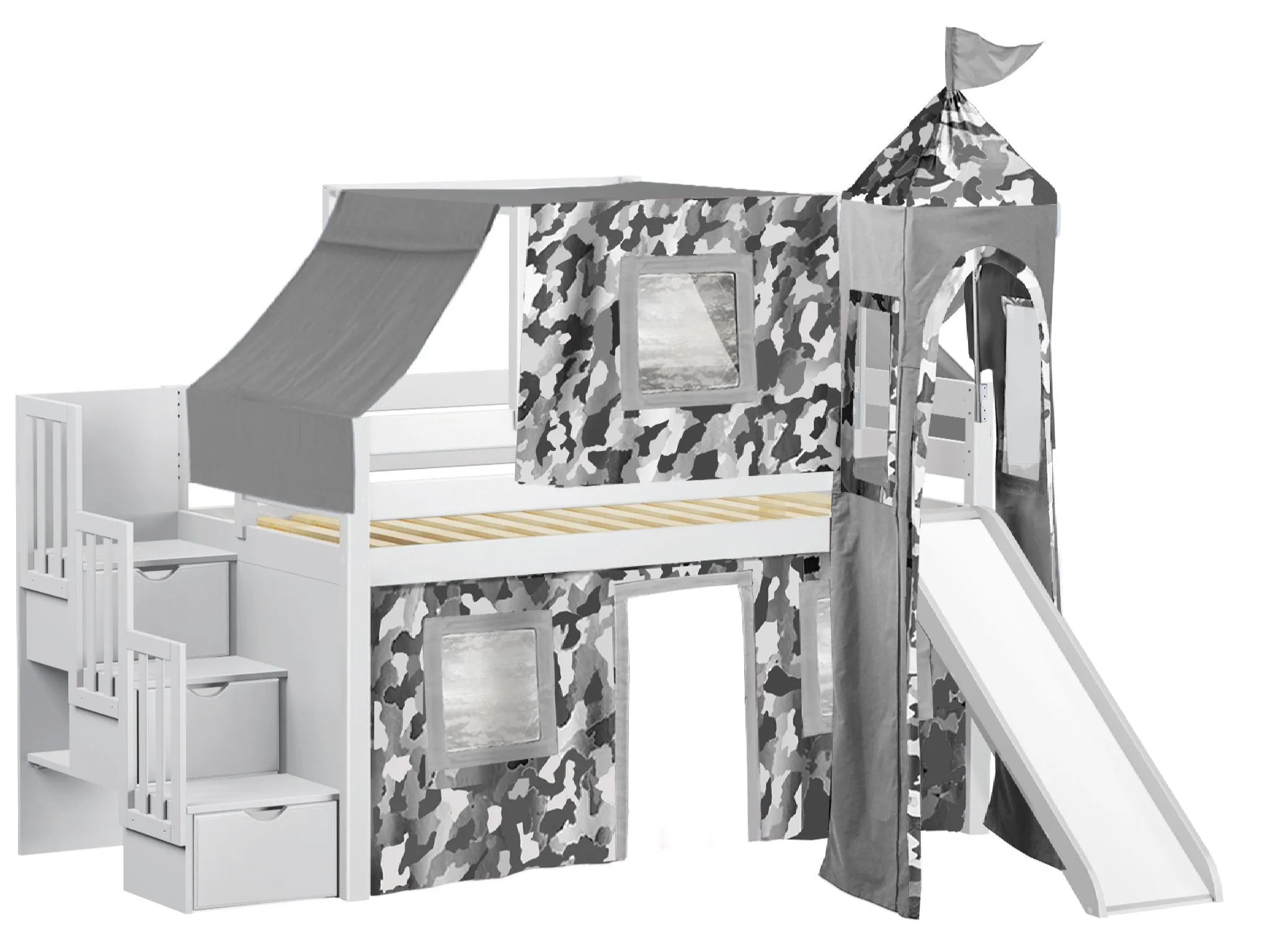 Castle Twin Loft Bed WHITE, Stairs Slide Gray Camo Tent