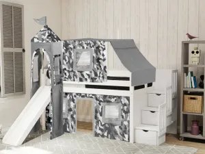 Castle Twin Loft Bed WHITE, Stairs Slide Gray Camo Tent