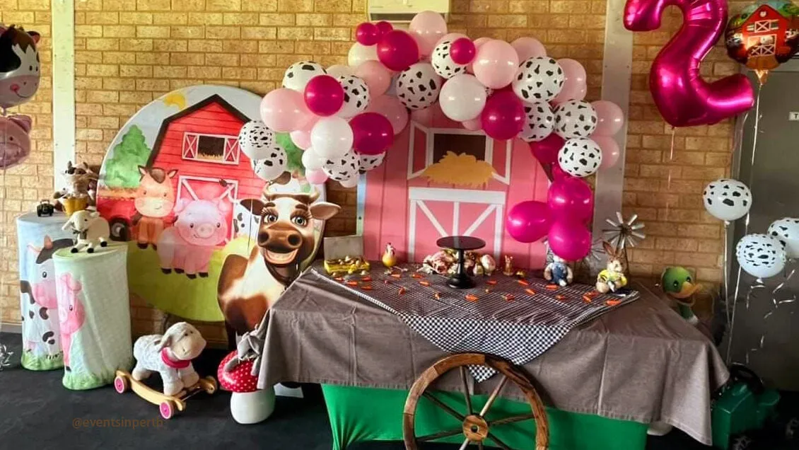 Custom Farm Theme Round Backdrop Red Barn Birthday Party Banner - Designed, Printed & Shipped