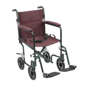 Drive Medical fw17bg Flyweight Lightweight Folding Transport Wheelchair, 17", Green Frame, Burgundy Upholstery