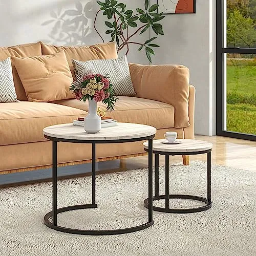 HOJINLINERO Round Coffee Table Set of 2 for Living Room,Black Small Coffee Table Living Room Table,Nesting Tables Metal Frame with Wood Look,Sturdy and Easy Assembly,Stacking Side Tables Bedroom,White