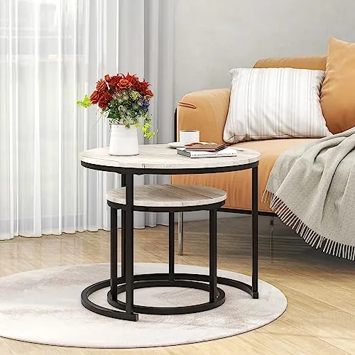 HOJINLINERO Round Coffee Table Set of 2 for Living Room,Black Small Coffee Table Living Room Table,Nesting Tables Metal Frame with Wood Look,Sturdy and Easy Assembly,Stacking Side Tables Bedroom,White