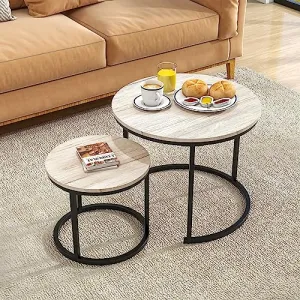 HOJINLINERO Round Coffee Table Set of 2 for Living Room,Black Small Coffee Table Living Room Table,Nesting Tables Metal Frame with Wood Look,Sturdy and Easy Assembly,Stacking Side Tables Bedroom,White