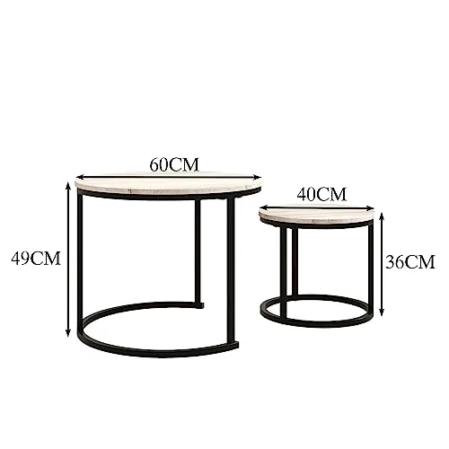 HOJINLINERO Round Coffee Table Set of 2 for Living Room,Black Small Coffee Table Living Room Table,Nesting Tables Metal Frame with Wood Look,Sturdy and Easy Assembly,Stacking Side Tables Bedroom,White