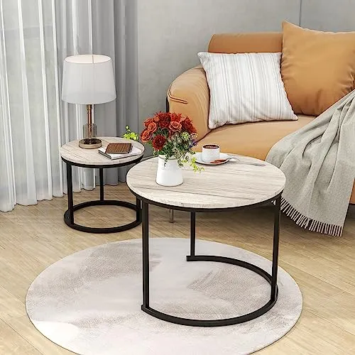 HOJINLINERO Round Coffee Table Set of 2 for Living Room,Black Small Coffee Table Living Room Table,Nesting Tables Metal Frame with Wood Look,Sturdy and Easy Assembly,Stacking Side Tables Bedroom,White