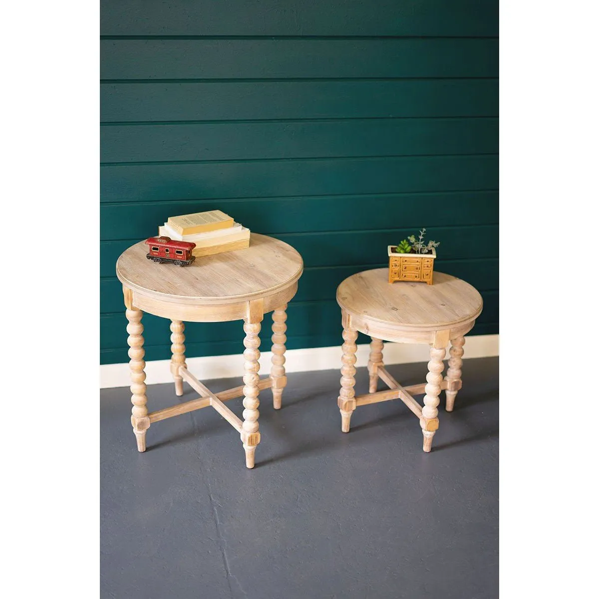 Kalalou - Set Of Two Round Wooden Side Tables With Turned Legs