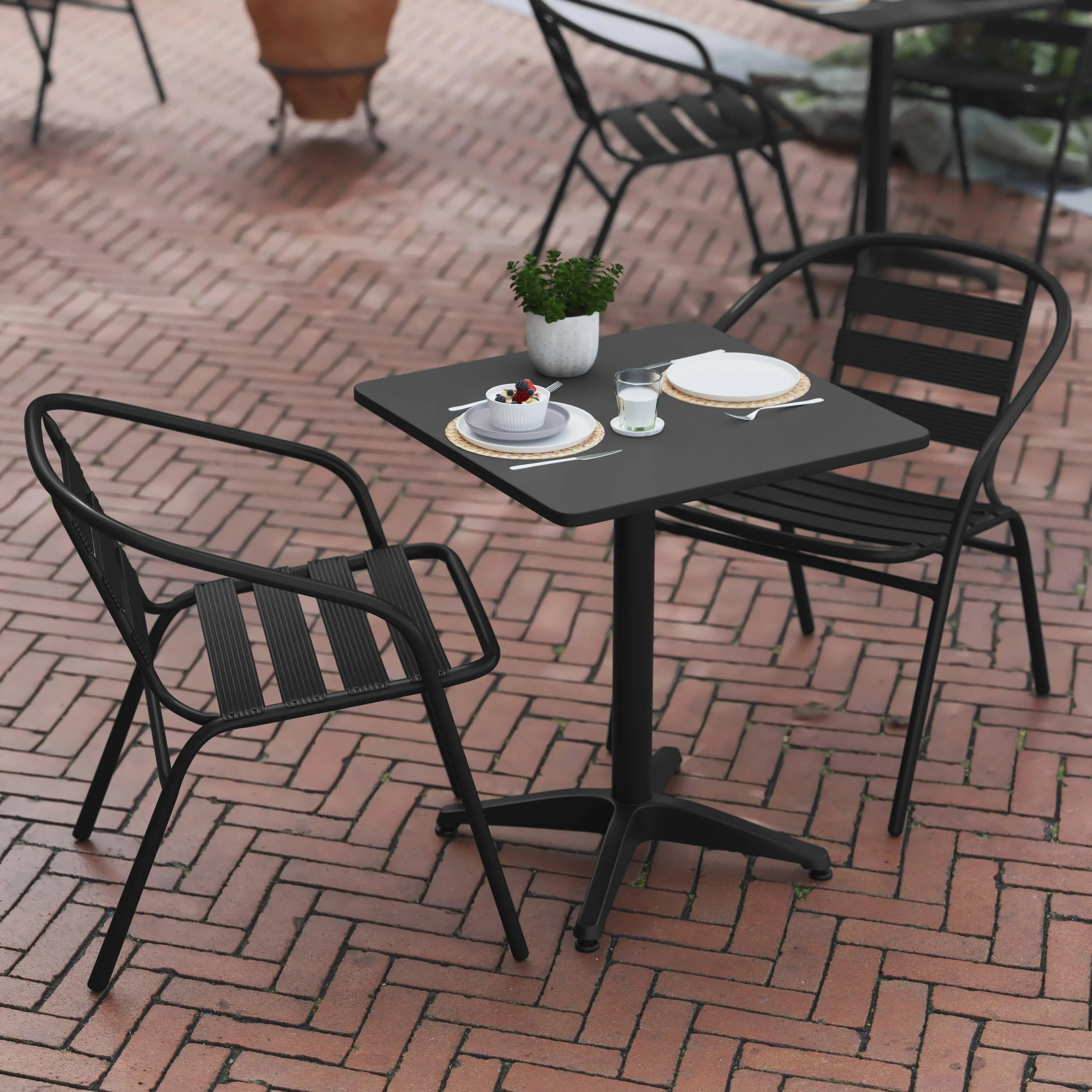 Lila 23.5'' Square Aluminum Indoor-Outdoor Table Set with 2 Slat Back Chairs