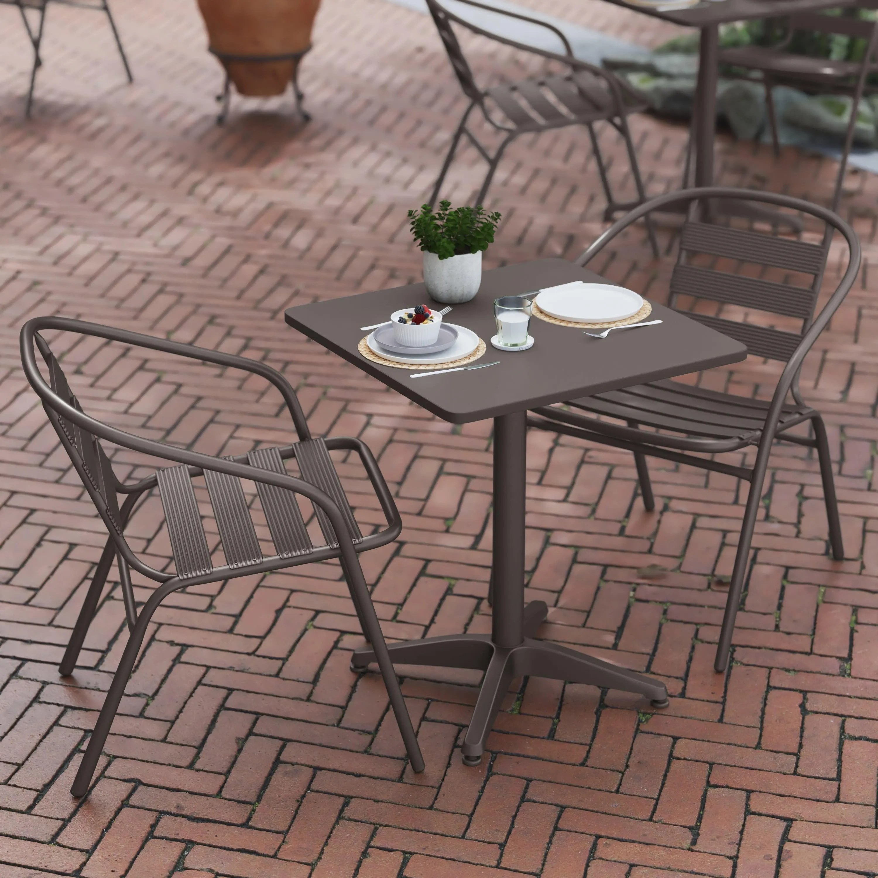 Lila 23.5'' Square Aluminum Indoor-Outdoor Table Set with 2 Slat Back Chairs