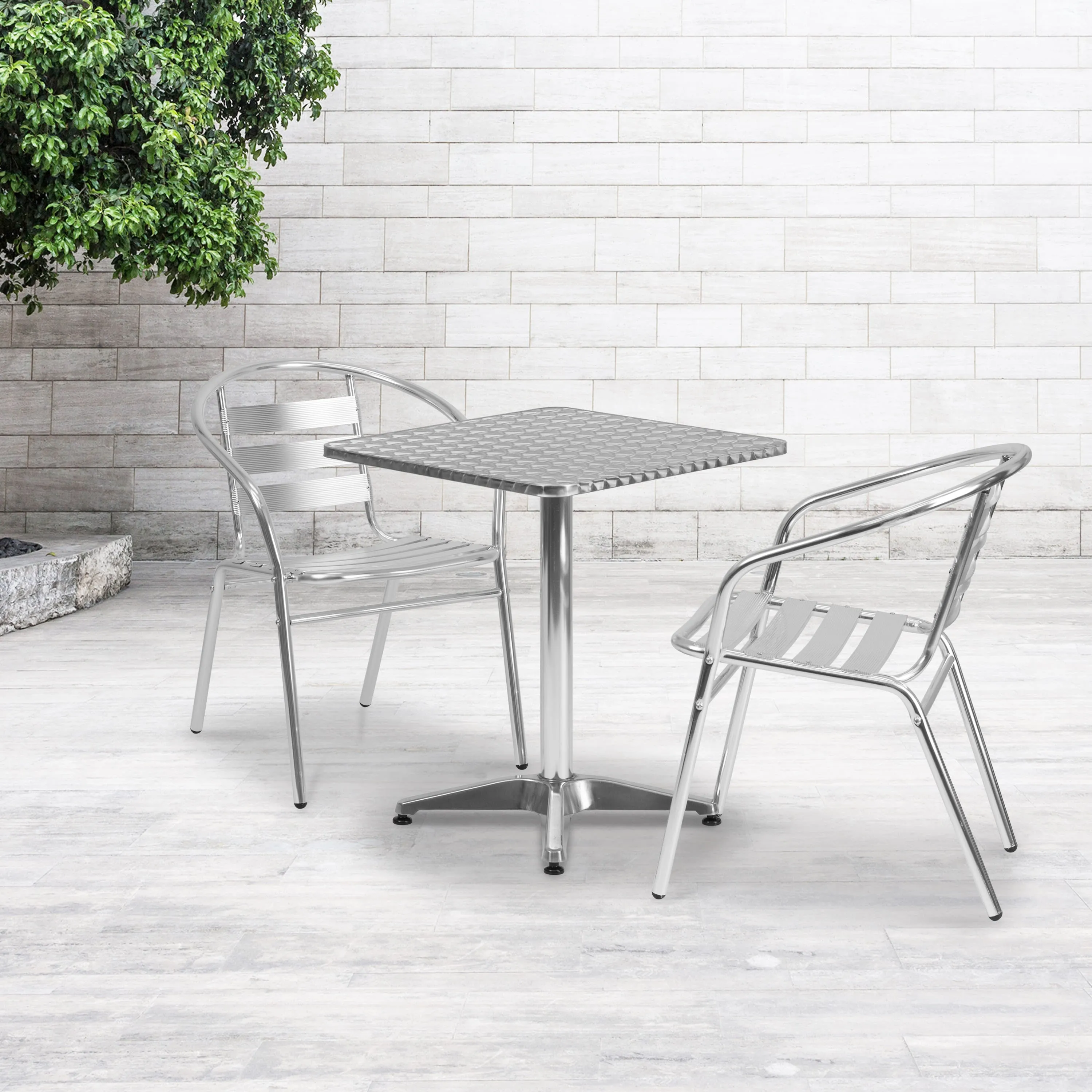 Lila 23.5'' Square Aluminum Indoor-Outdoor Table Set with 2 Slat Back Chairs