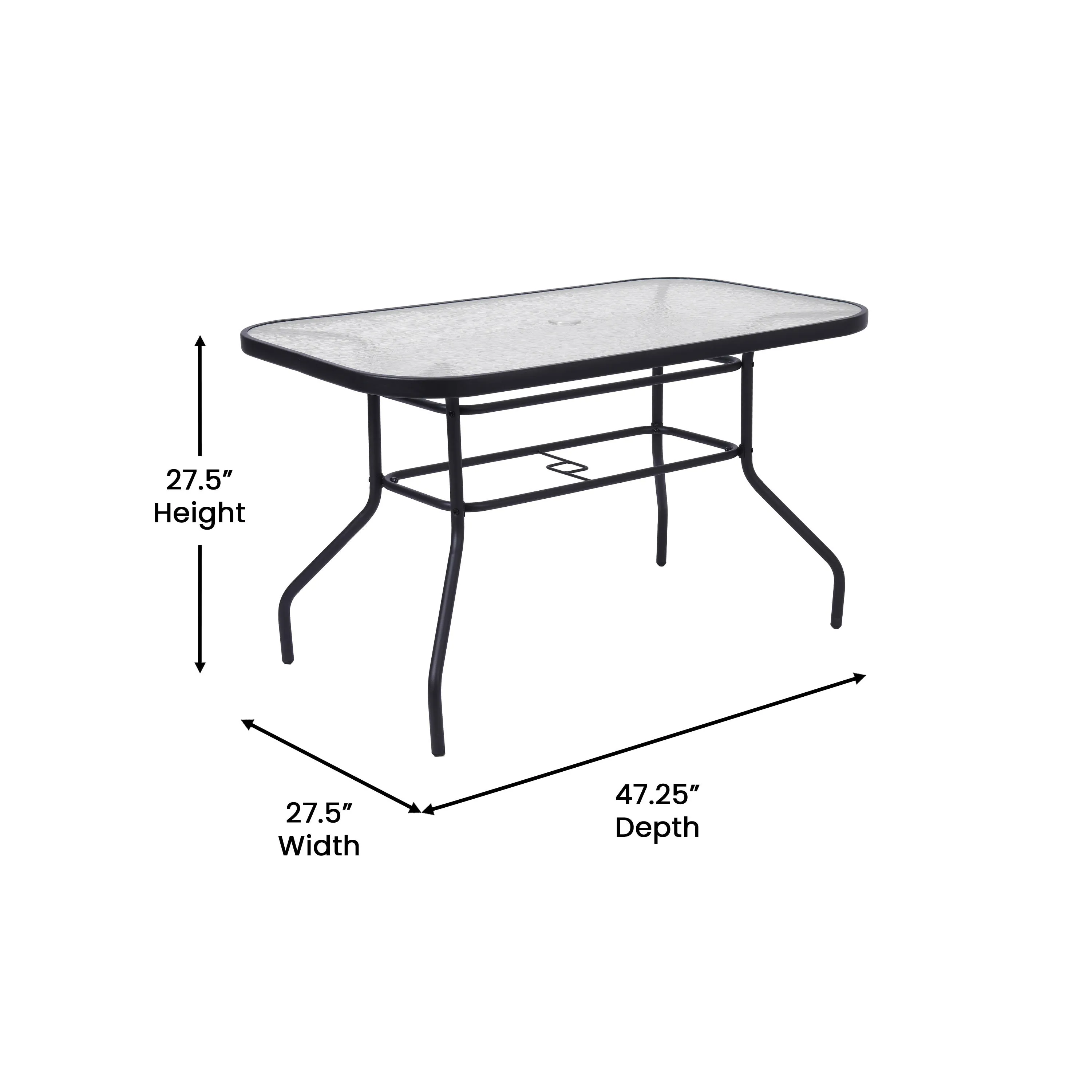 Lila 5 Piece Commercial Outdoor Patio Dining Set with Glass Patio Table, 2 Triple Slat Chairs and 2 Triple Slat Chairs with Arms