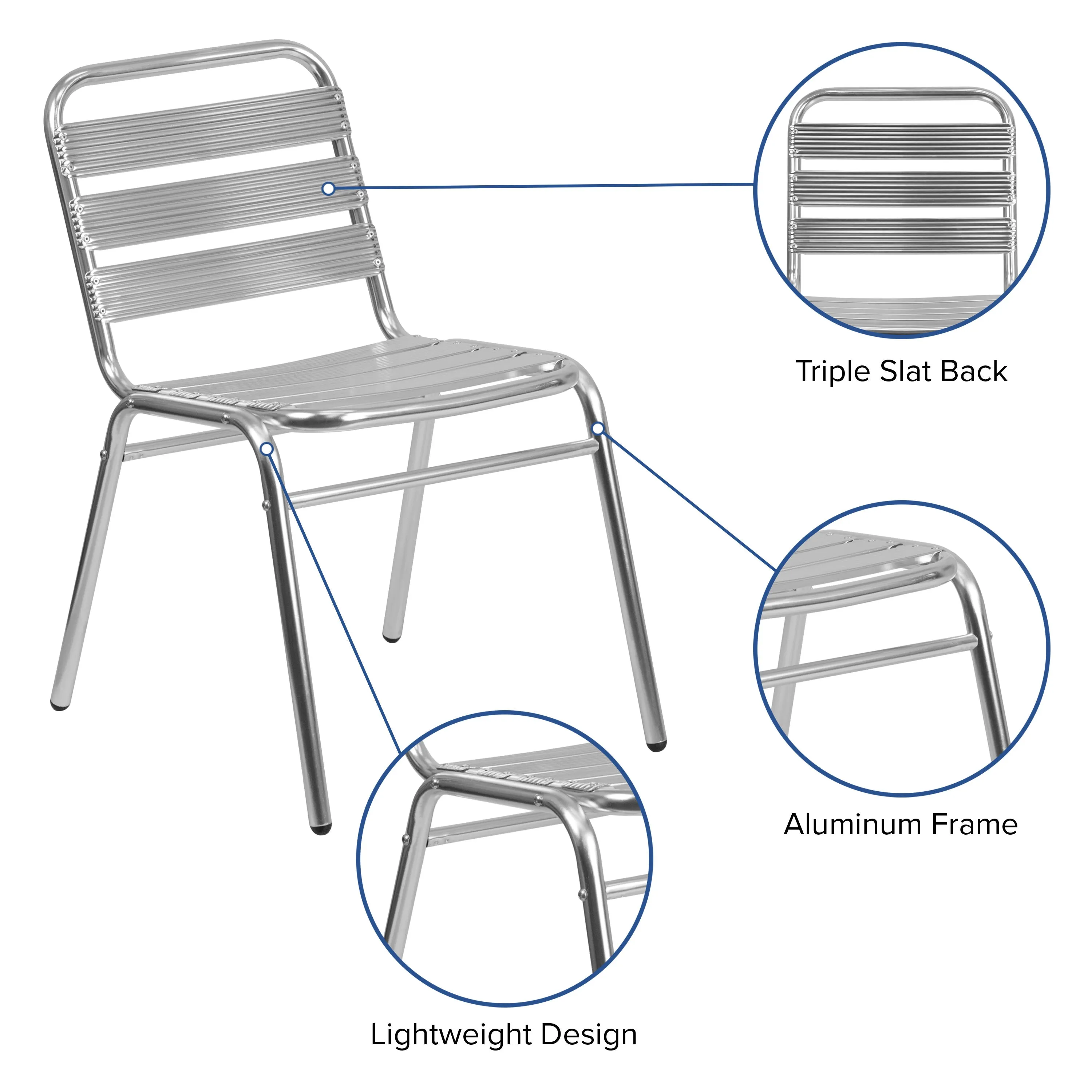 Lila Aluminum Commercial Indoor-Outdoor Armless Restaurant Stack Chair with Triple Slat Back