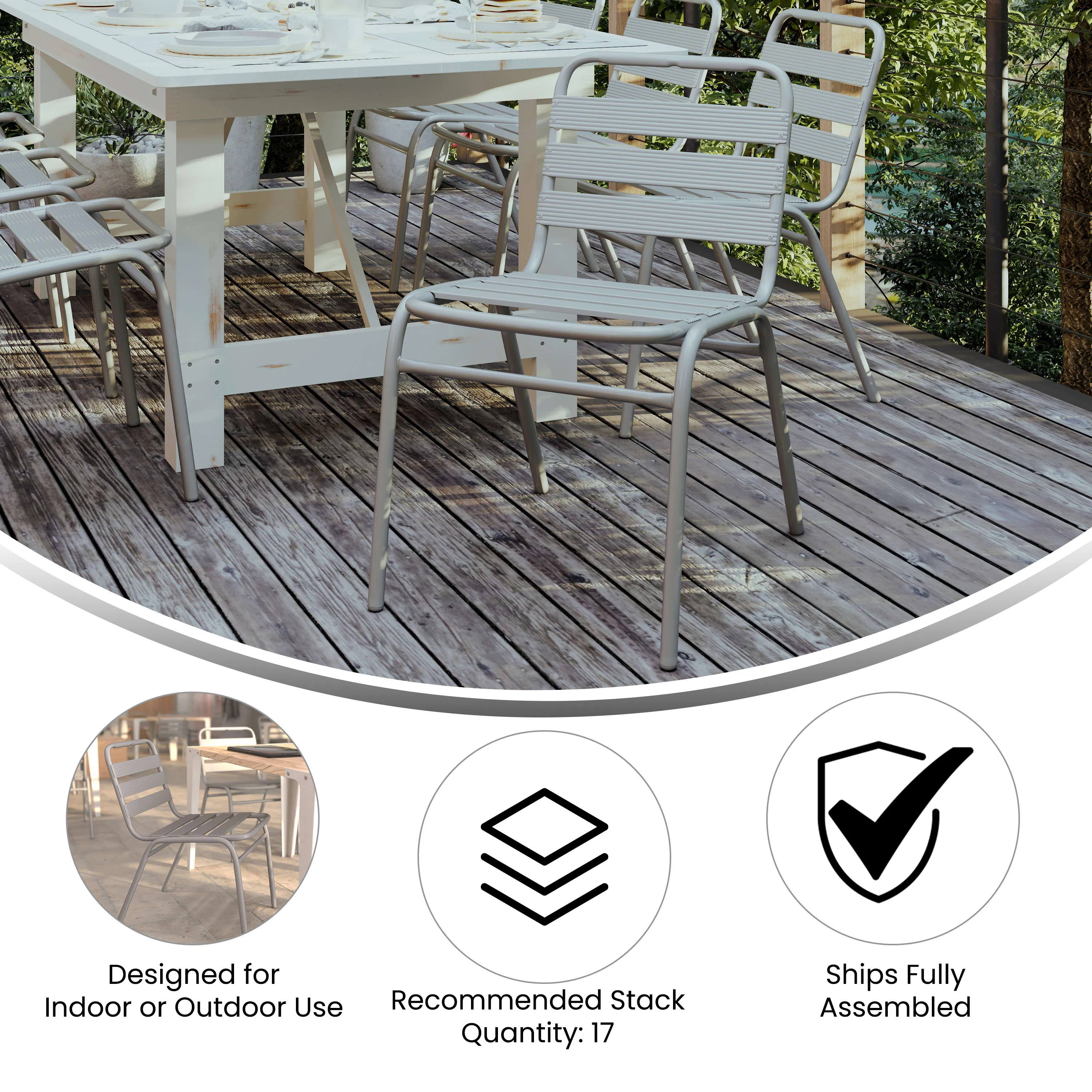 Lila Aluminum Commercial Indoor-Outdoor Armless Restaurant Stack Chair with Triple Slat Back