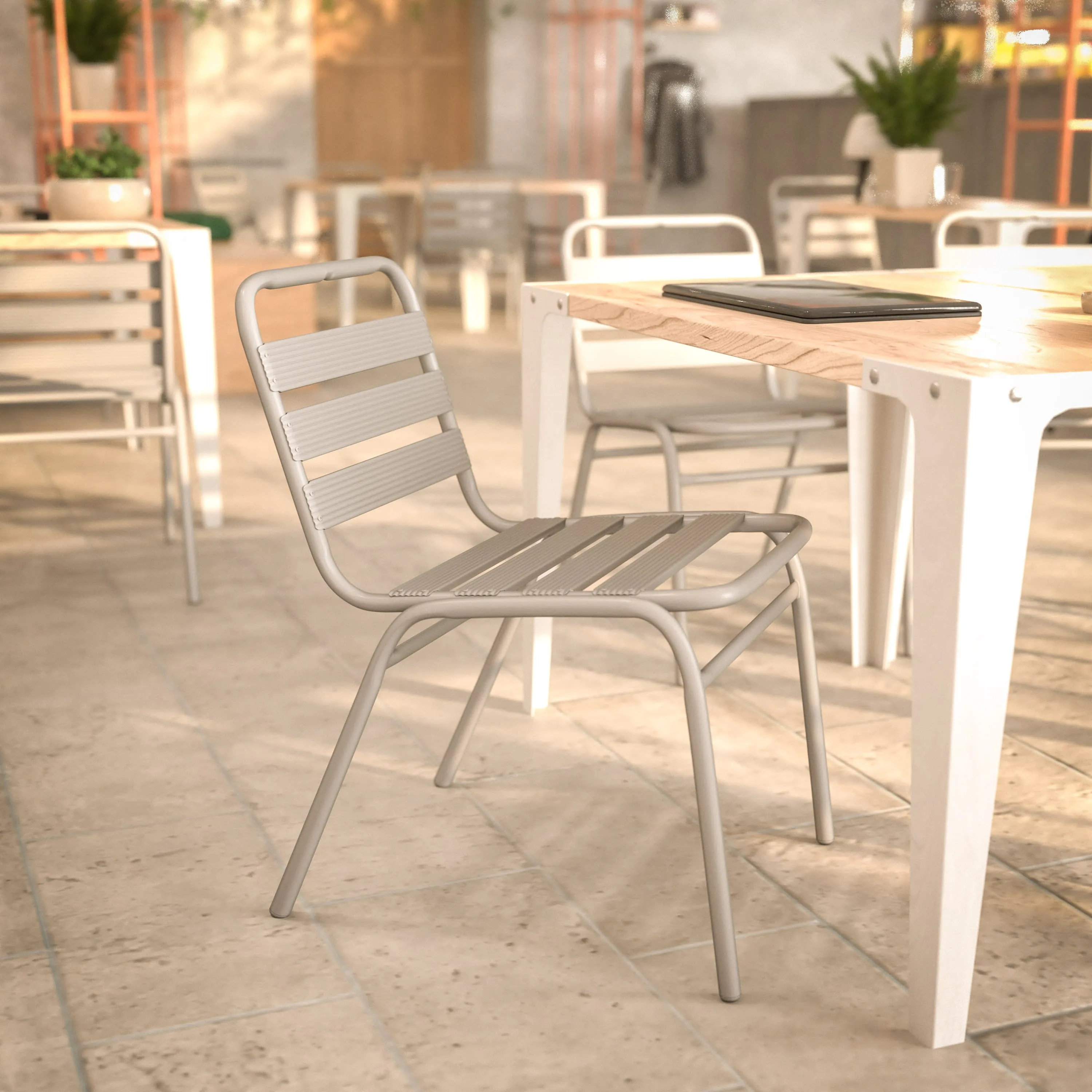 Lila Aluminum Commercial Indoor-Outdoor Armless Restaurant Stack Chair with Triple Slat Back