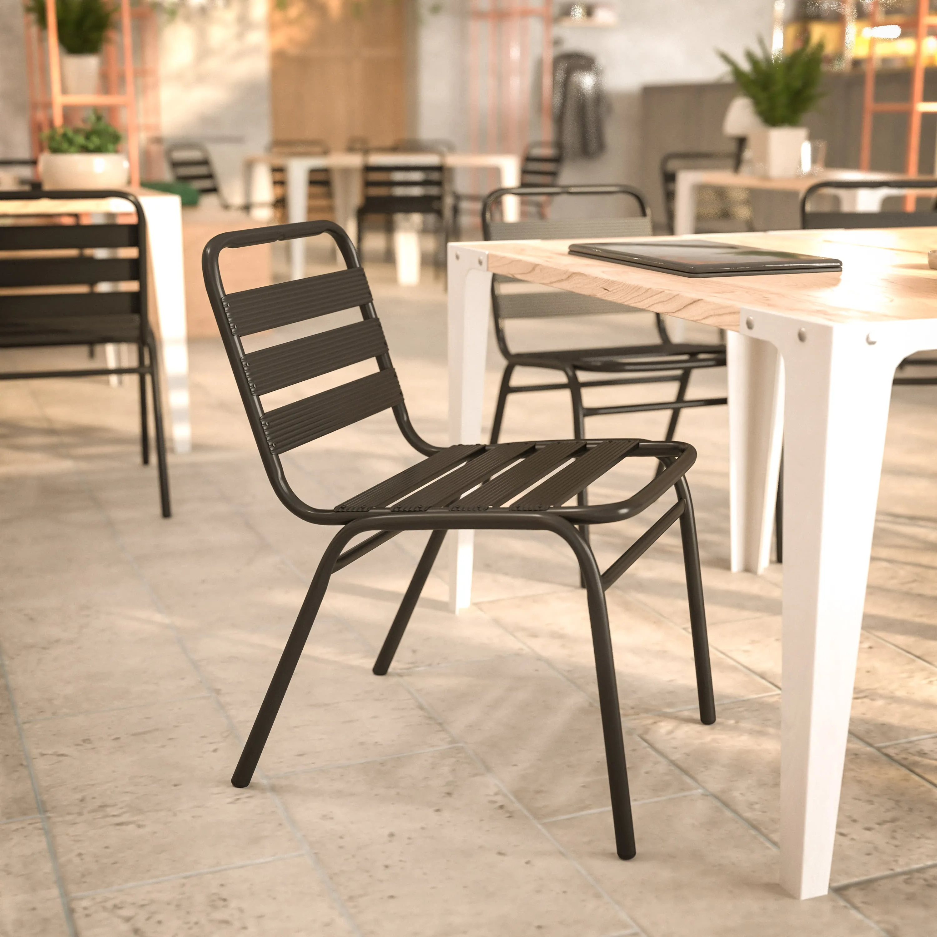 Lila Aluminum Commercial Indoor-Outdoor Armless Restaurant Stack Chair with Triple Slat Back