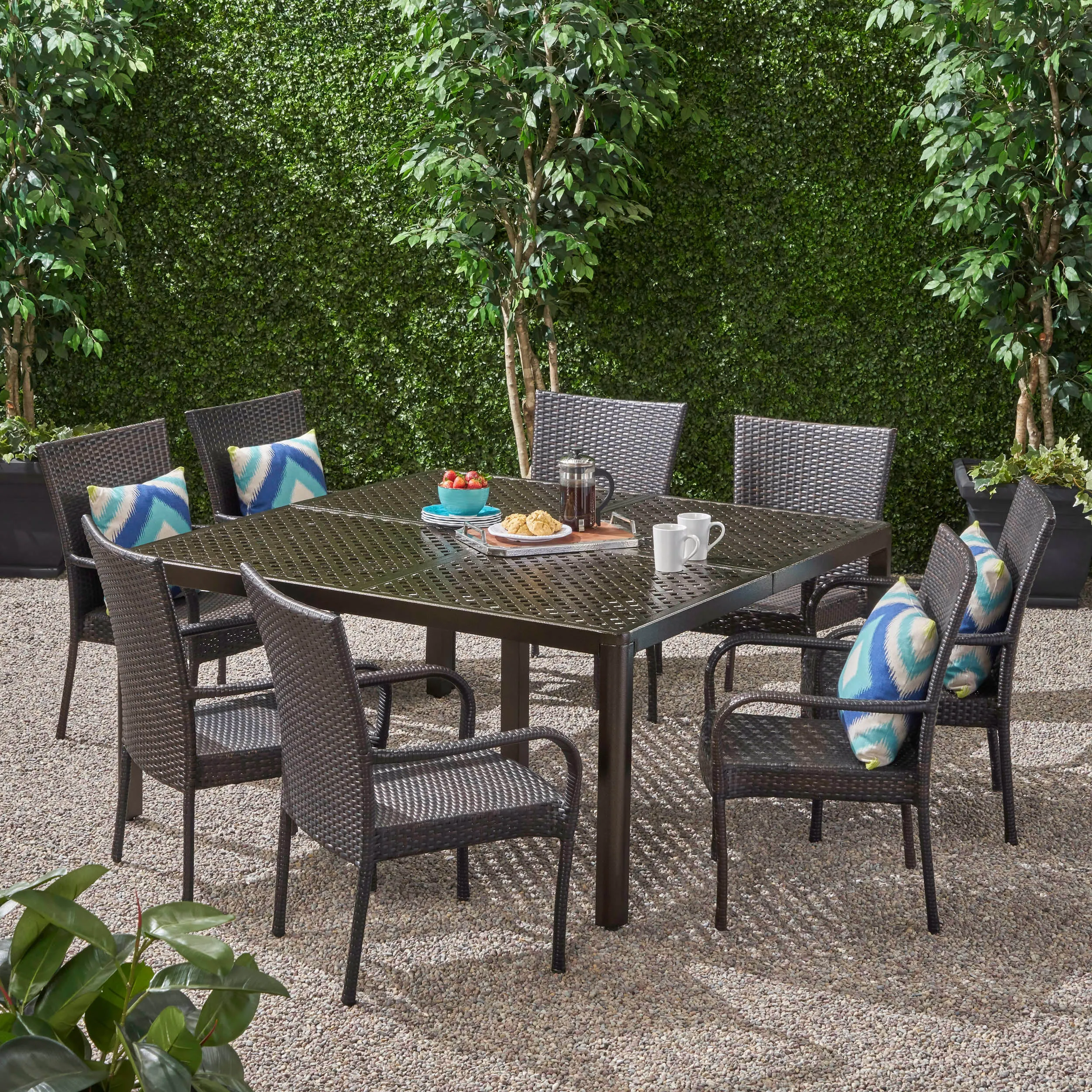 Lillian Outdoor Aluminum and Wicker 8 Seater Dining Set with Stacking Chairs