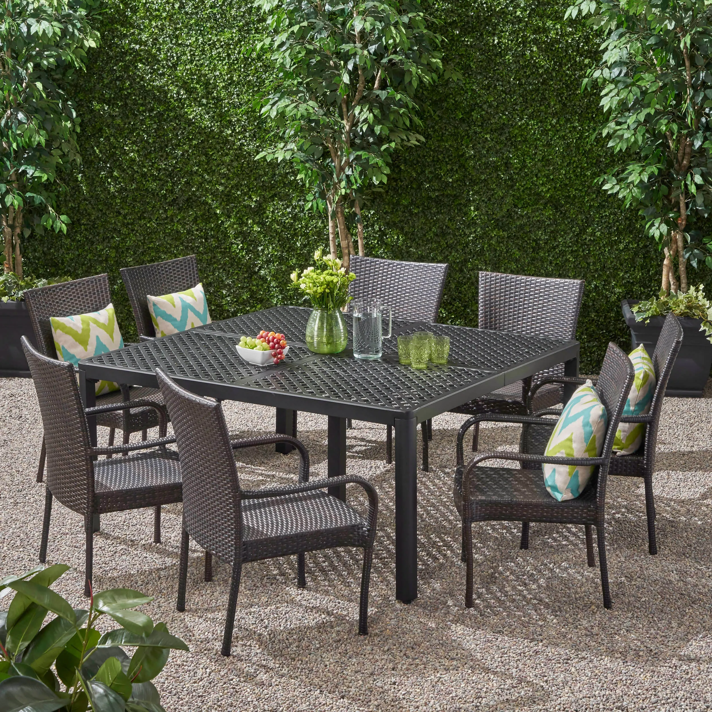 Lillian Outdoor Aluminum and Wicker 8 Seater Dining Set with Stacking Chairs