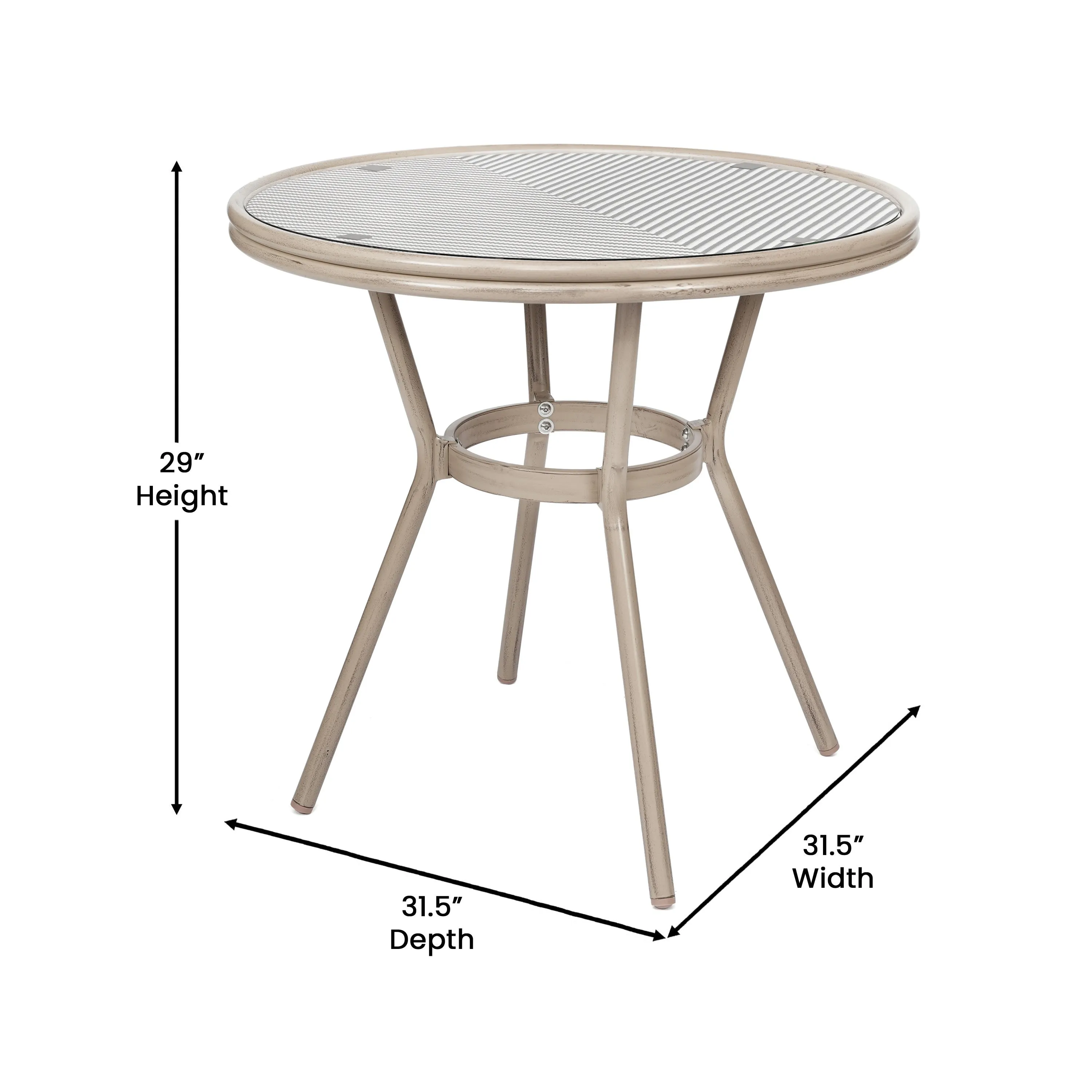 Marseille Indoor/Outdoor Commercial Bistro 31.5" Table, Textilene, Glass Top with 4 Stack Chairs