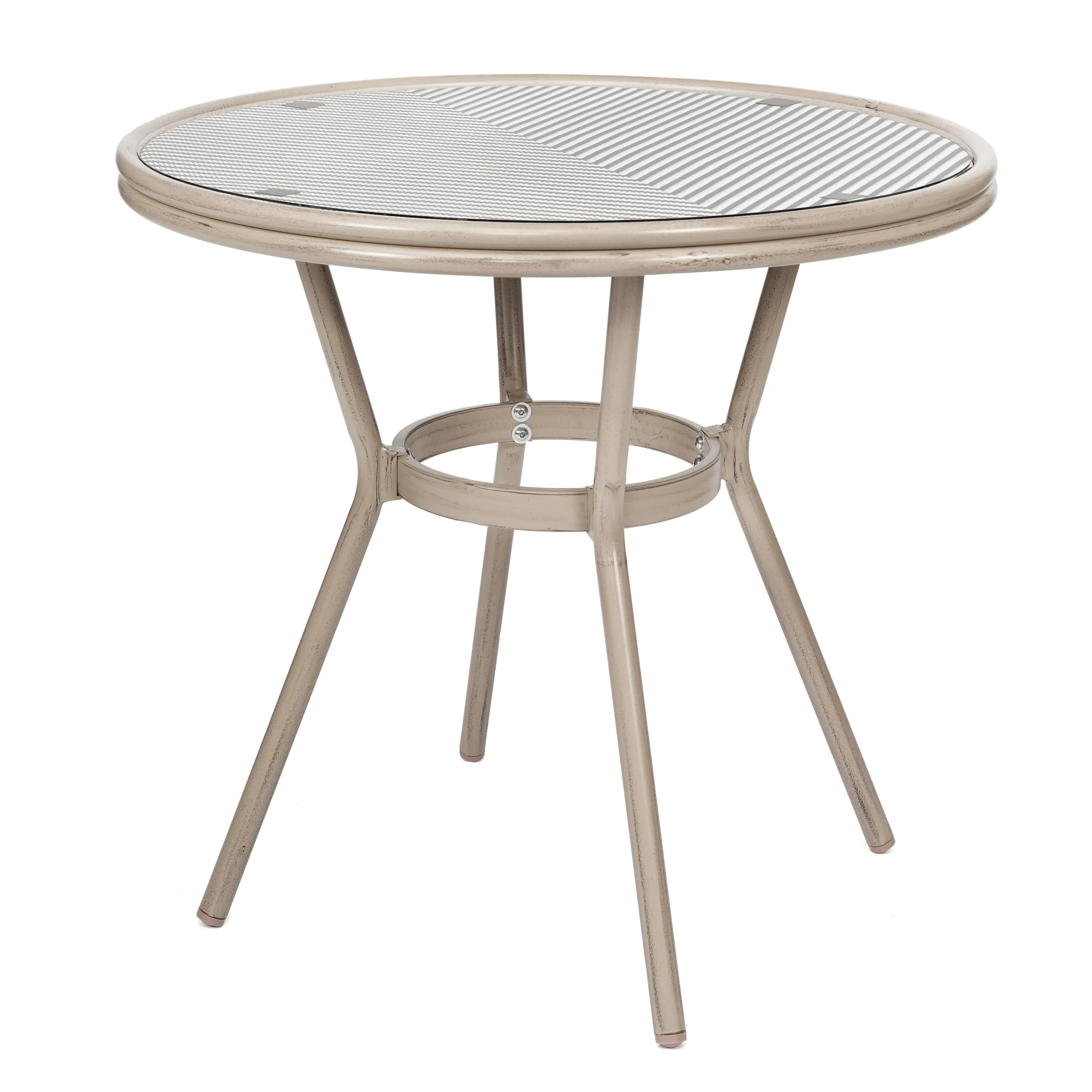 Marseille Indoor/Outdoor Commercial Bistro 31.5" Table, Textilene, Glass Top with 4 Stack Chairs