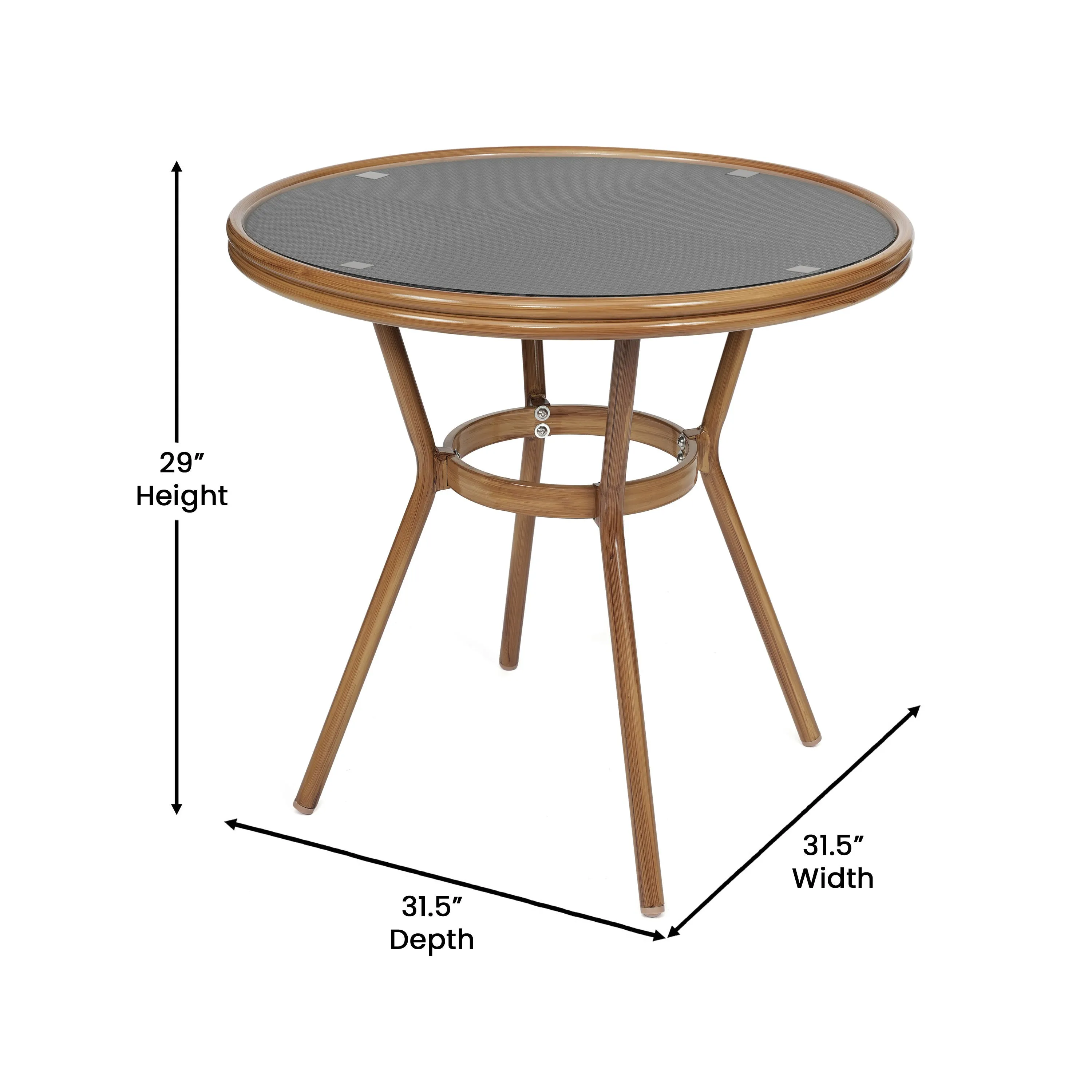 Marseille Indoor/Outdoor Commercial Bistro 31.5" Table, Textilene, Glass Top with 4 Stack Chairs